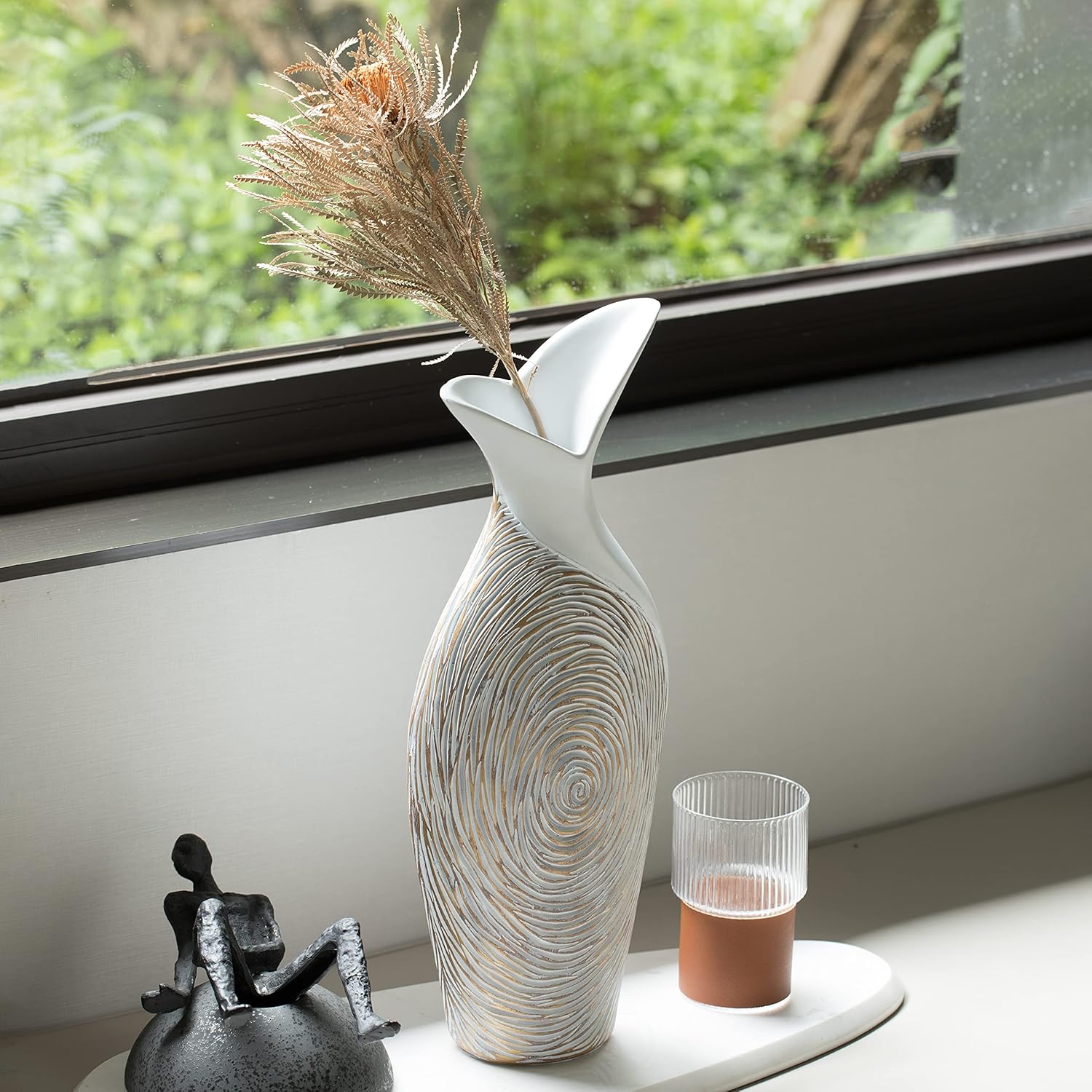 175 Inch Ribbed Ceramic White Vase Modern Design