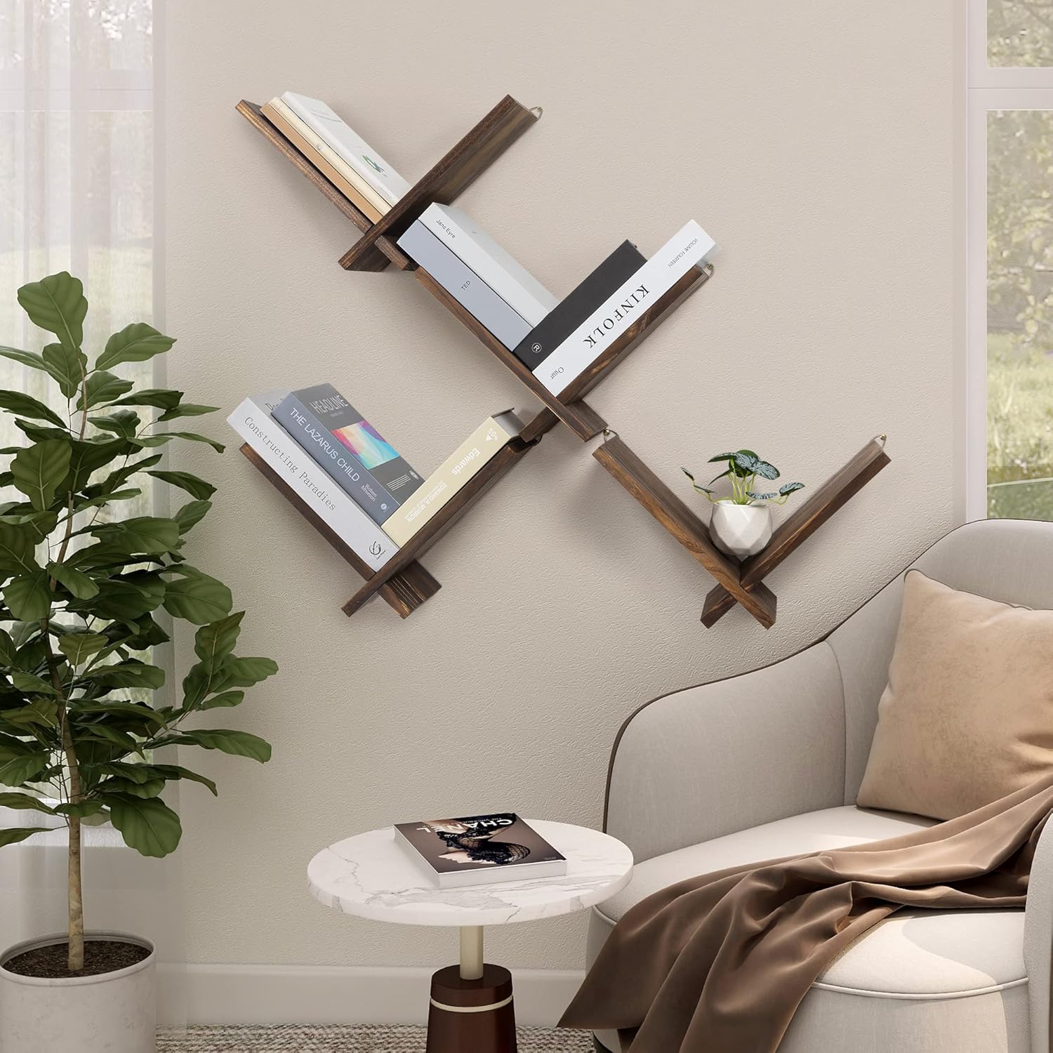 Afuly Floating Shelves Wall Mount Set of 2 Modern Natural Wood Bookcase