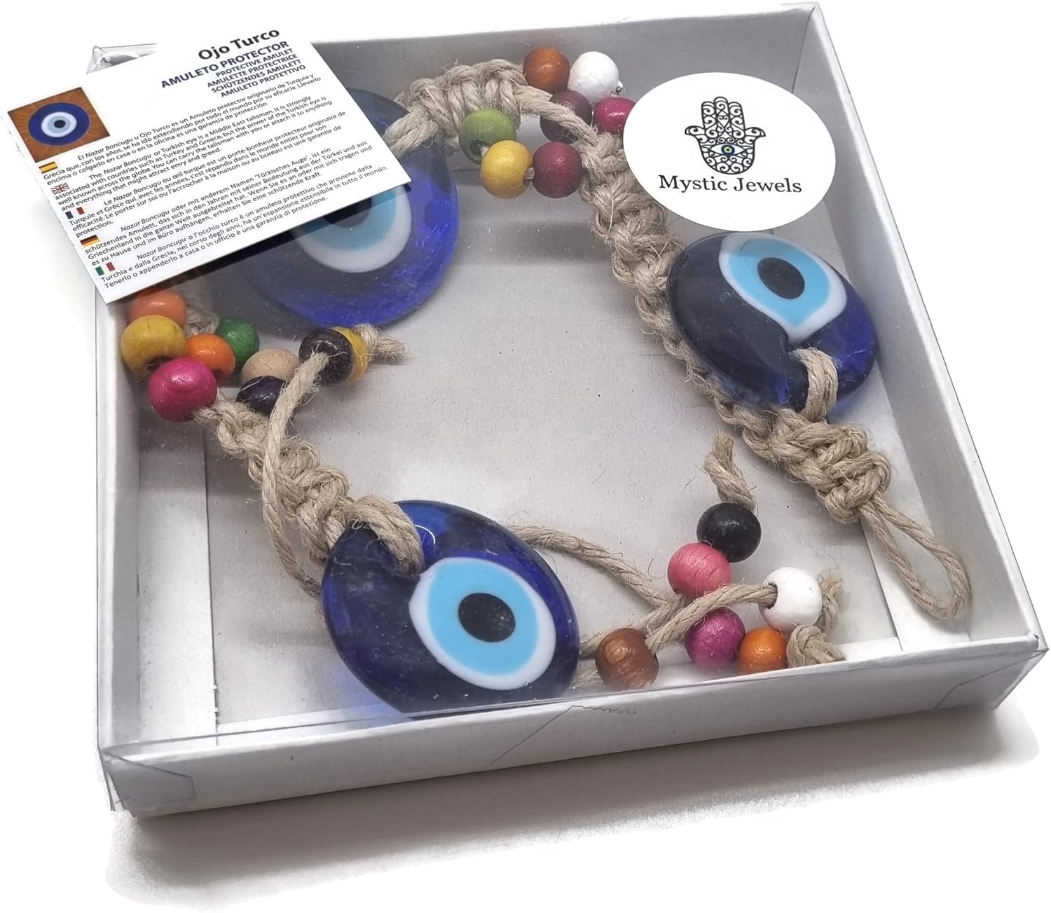 Mystic Jewels Three Turkish Eye Ornament Glass with Wood Beads for Hanging