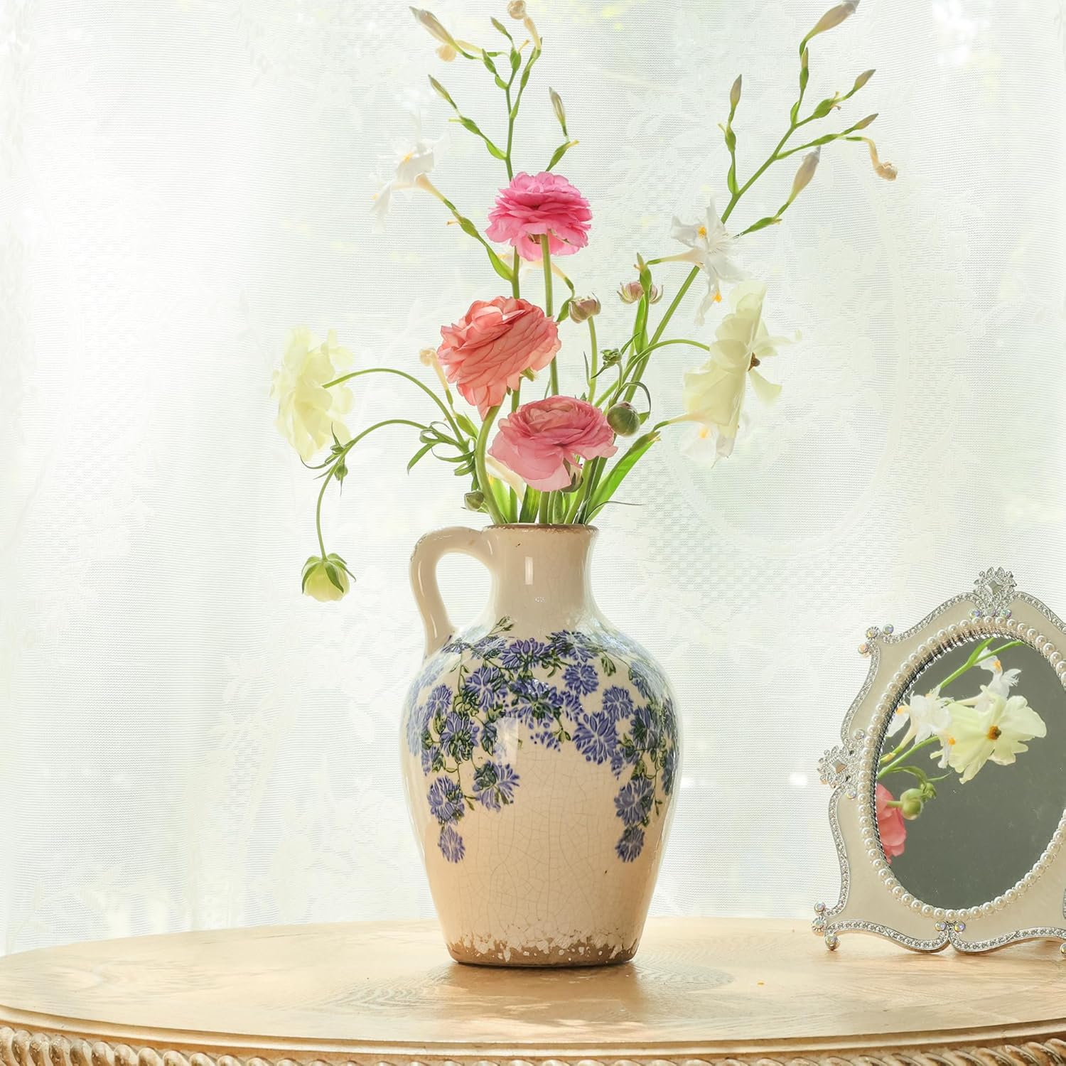 Vintage Flower Vase with Handle Blue and White Ceramic Pitcher