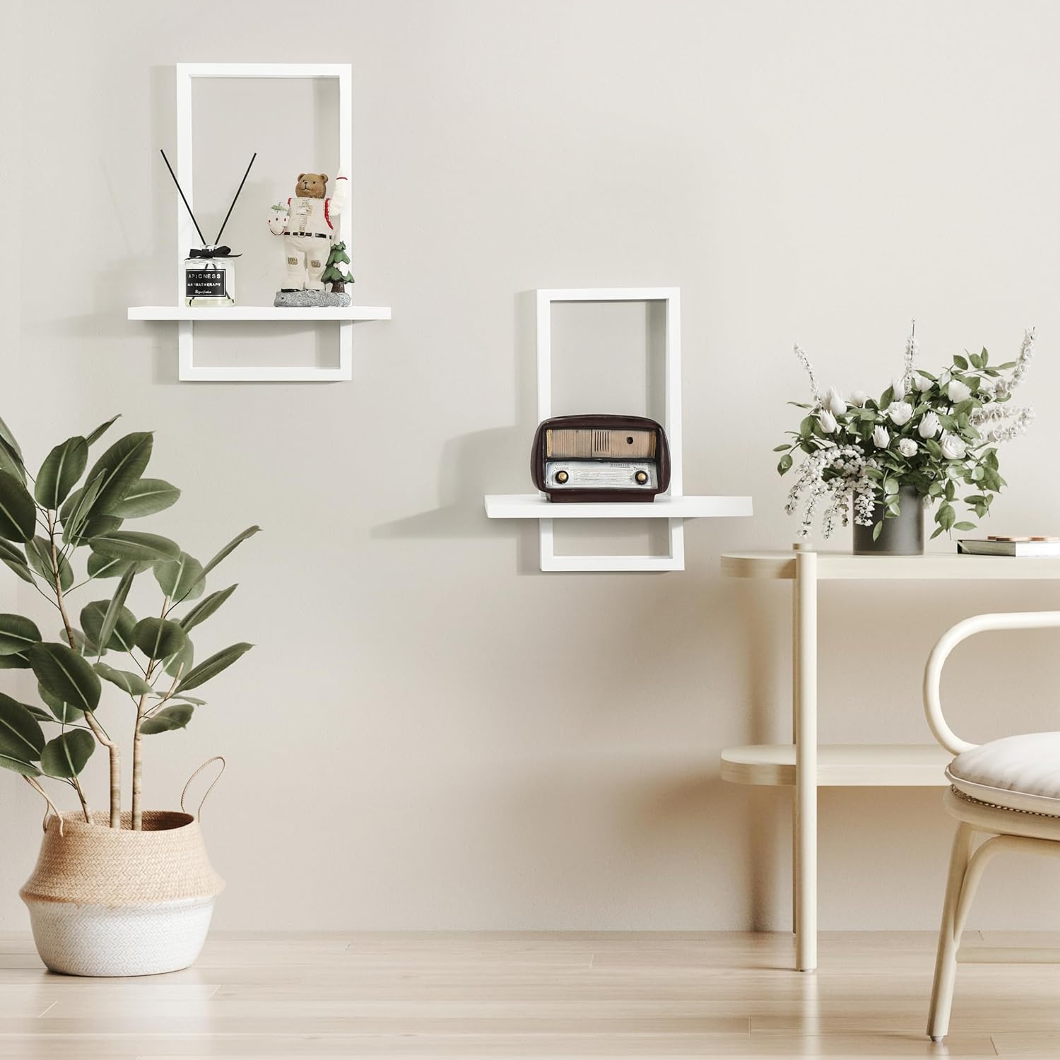 PHOENANCEE Square Floating Shelf Set of 2 Solid Wood White