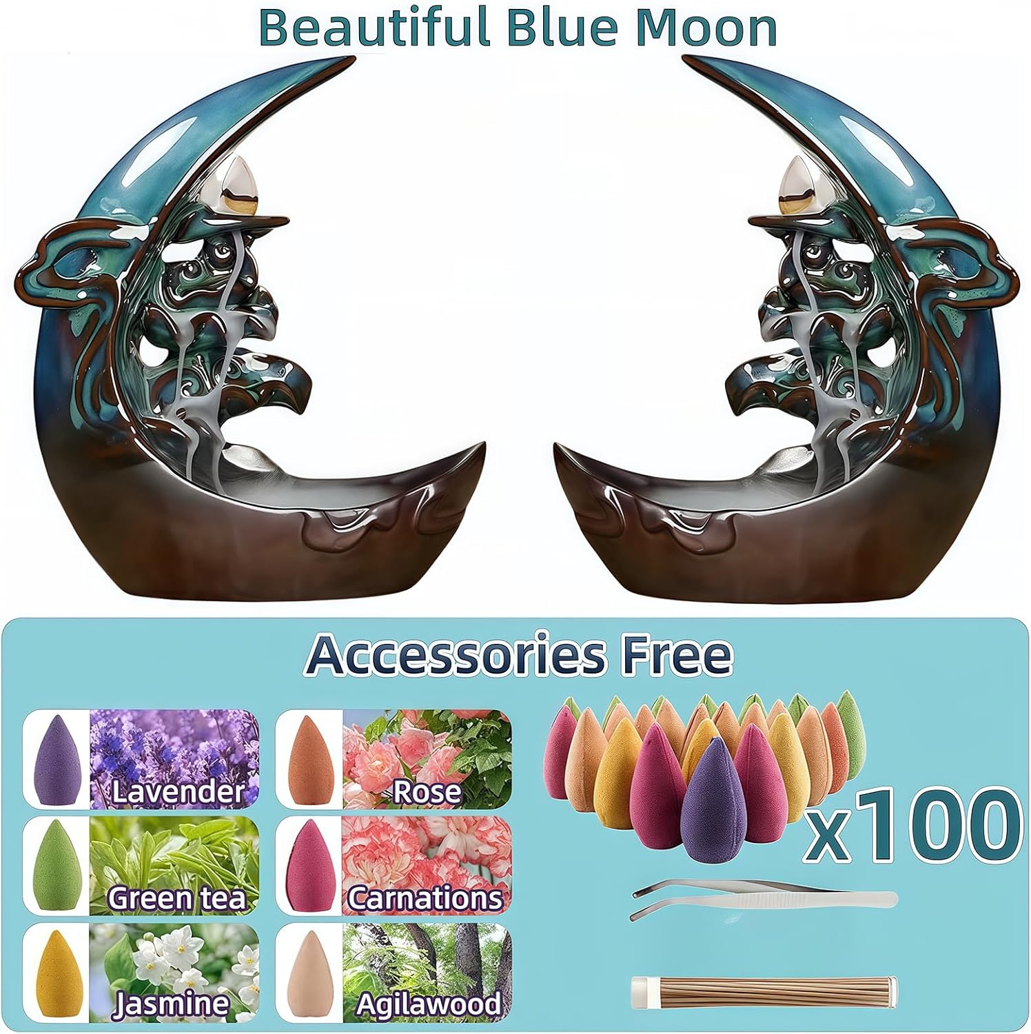 Moon Backflow Incense Holder with 60 Cones
