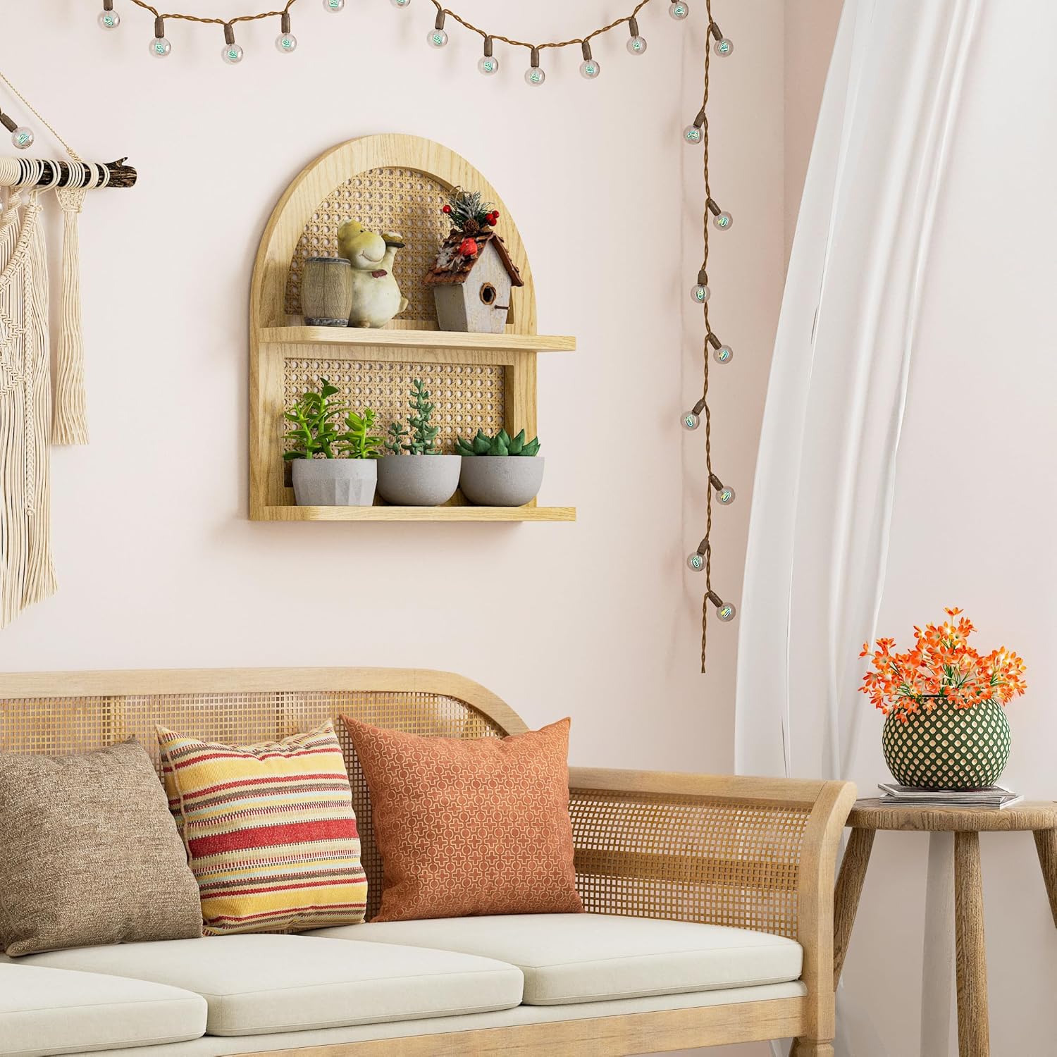 Wood Boho Rattan Wall Shelf 2 Tier Natural Color