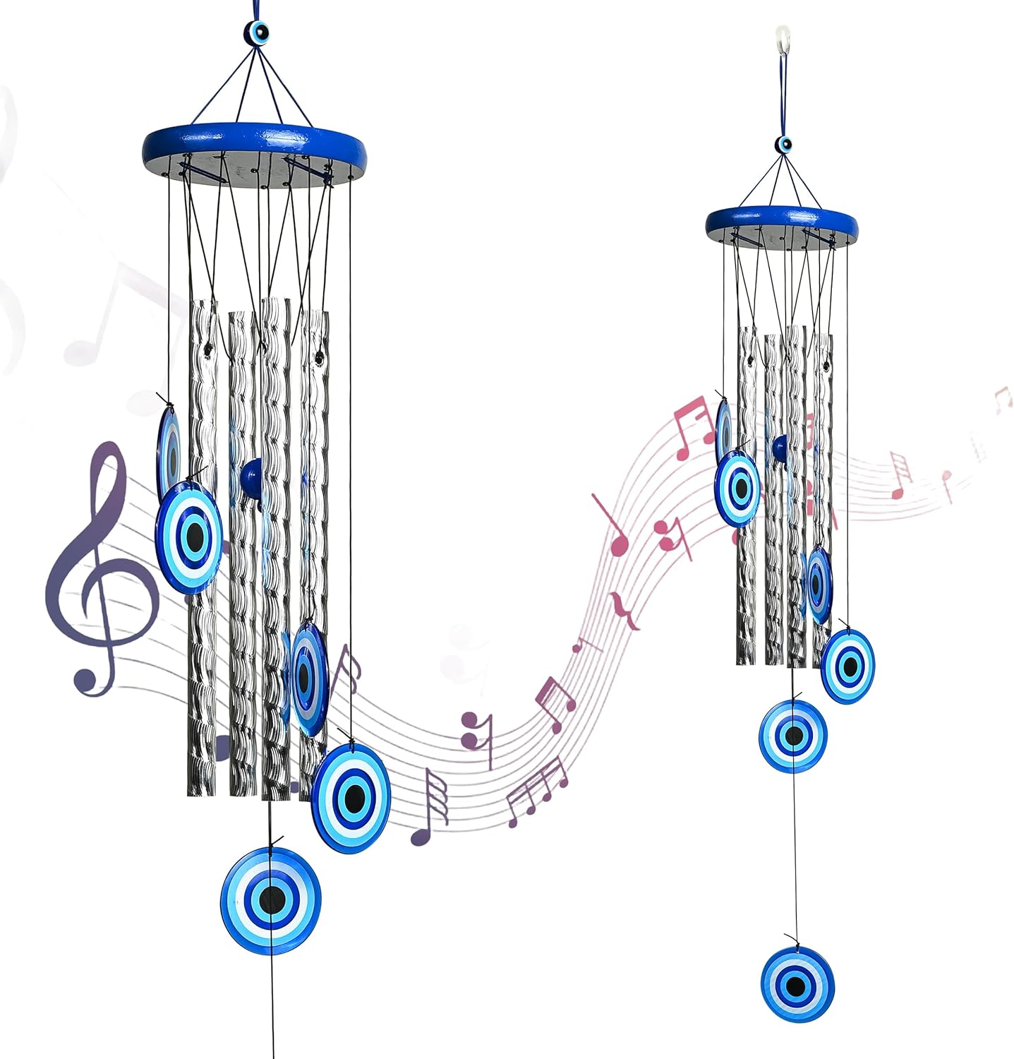 BEZAVO 27-Inch Evil Eye Wind Chime with 4 Silver Pipes