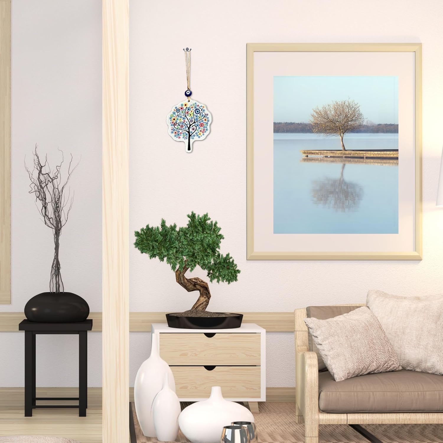 Blue Glass Evil Eye Tree of Life Amulet 53 Inch Hanging Decor