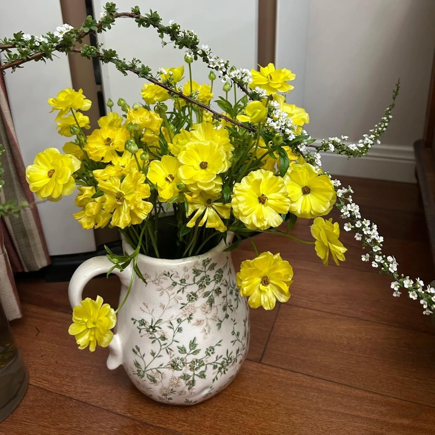 Green and Beige Ceramic Pitcher Vase with Handle