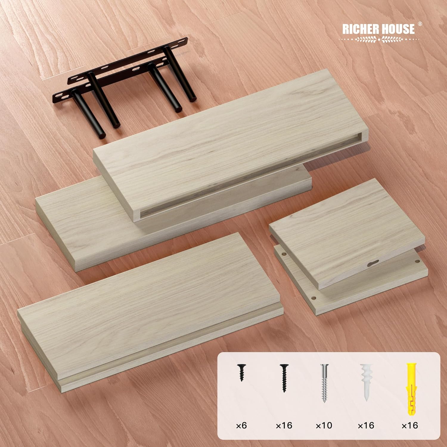 RICHER HOUSE Floating Shelves Set of 3 Light Brown