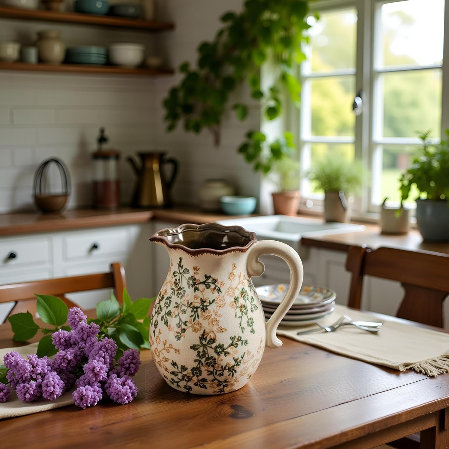 Vintage Vase with Handle - Green and Beige Rustic Ceramic Farmhouse Vase