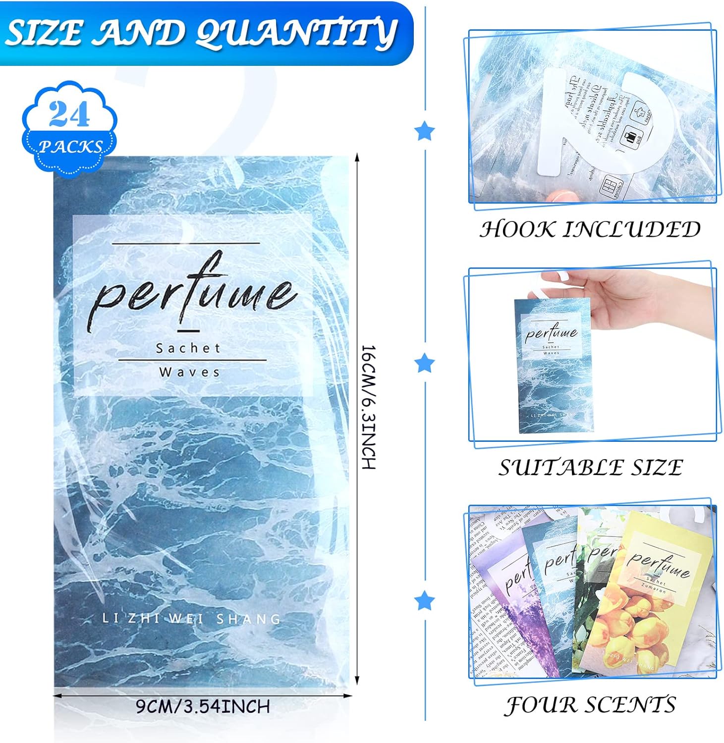 24 Pcs Hanging Closet Deodorizer Scented Sachets with Lavender Jasmine Waves Tulip