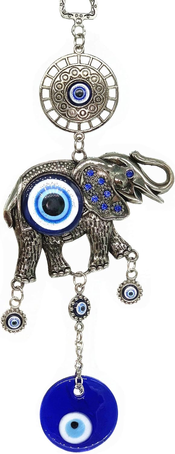 Retro Turkish Blue Evil Eye and Lucky Elephant Wall Hanging Ornament