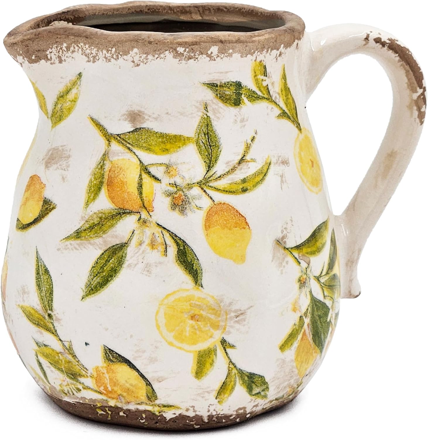 Round Ceramic Pitcher Vase with Lemon Motif Farmhouse Accent