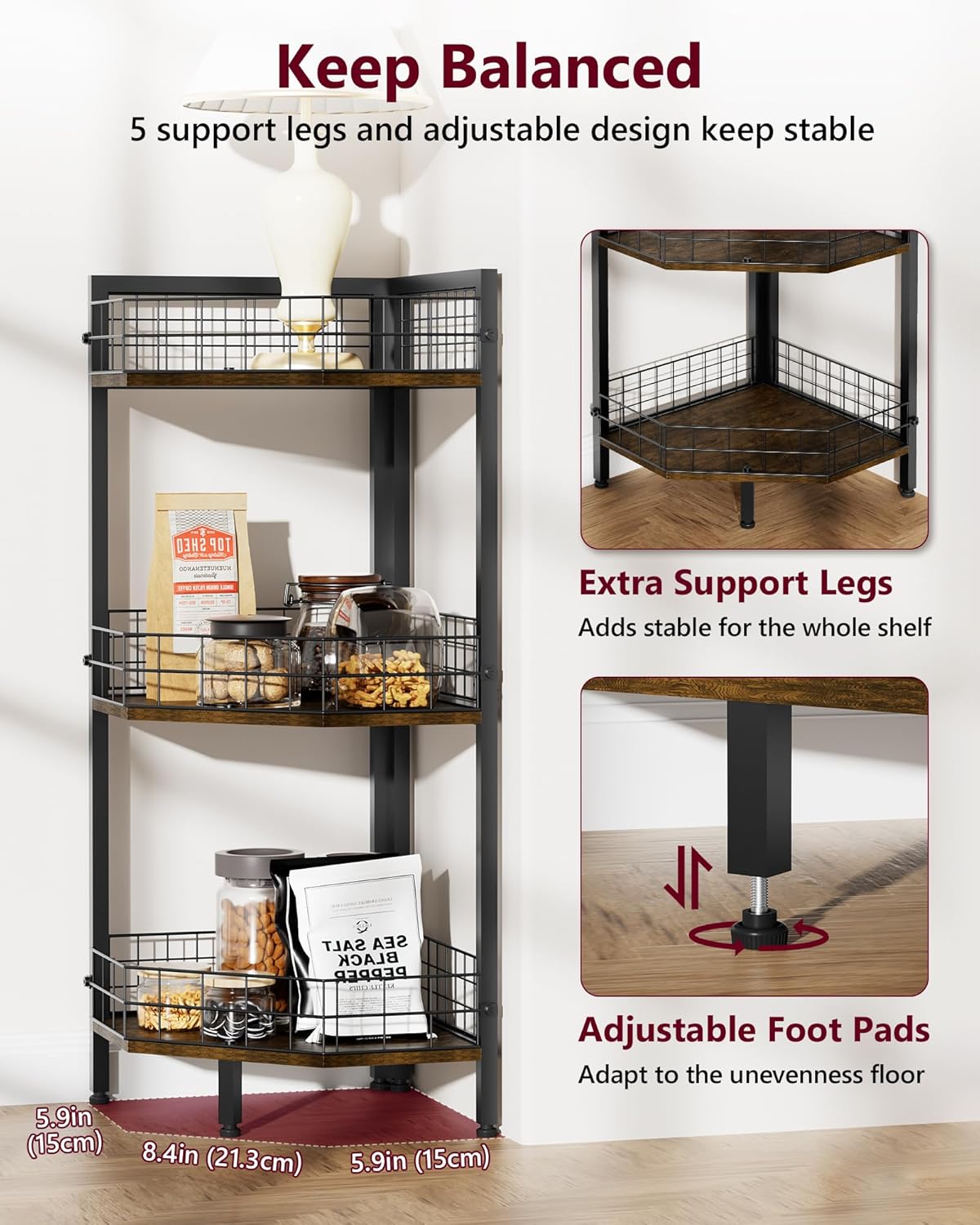 WikLiy 3 Tier Corner Shelf Stand with Metal Grid