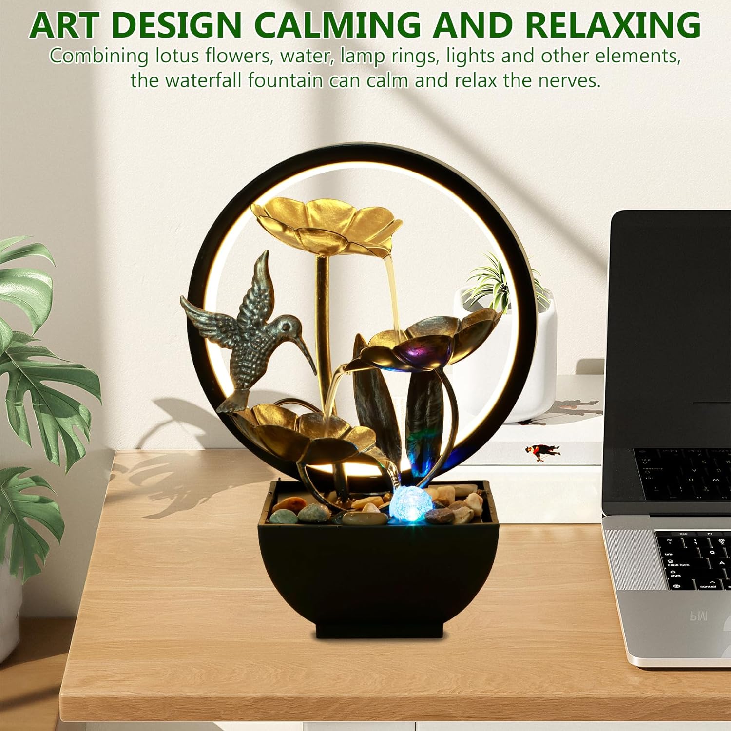 Tabletop Water Fountain with LED Ring Light and Humidifier for Home Office Bedroom