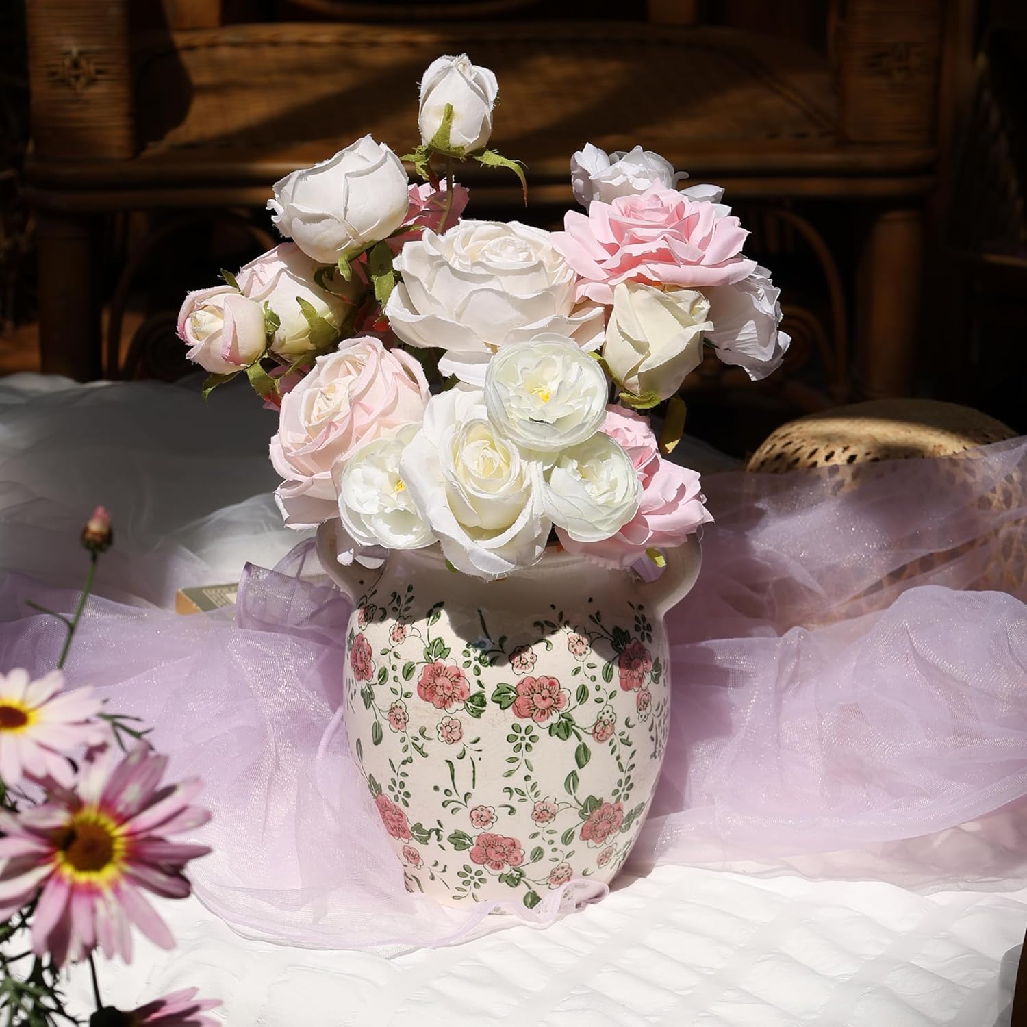 Ronasip Floral Farmhouse Ceramic Vase with Rustic Design