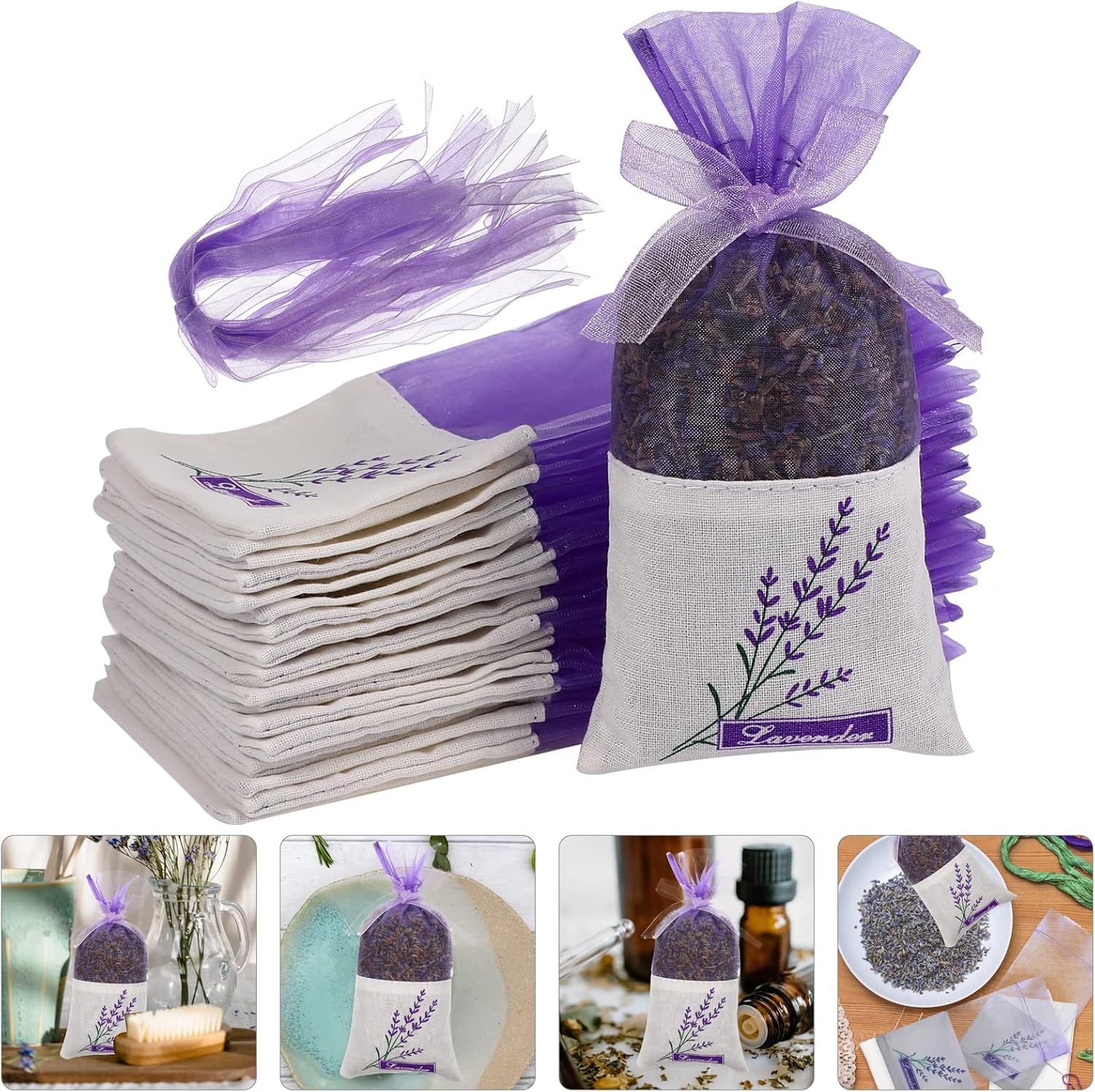 30 Pcs Lavender Sachet Bags Empty Mesh Drawstring Organza Cotton Ramie