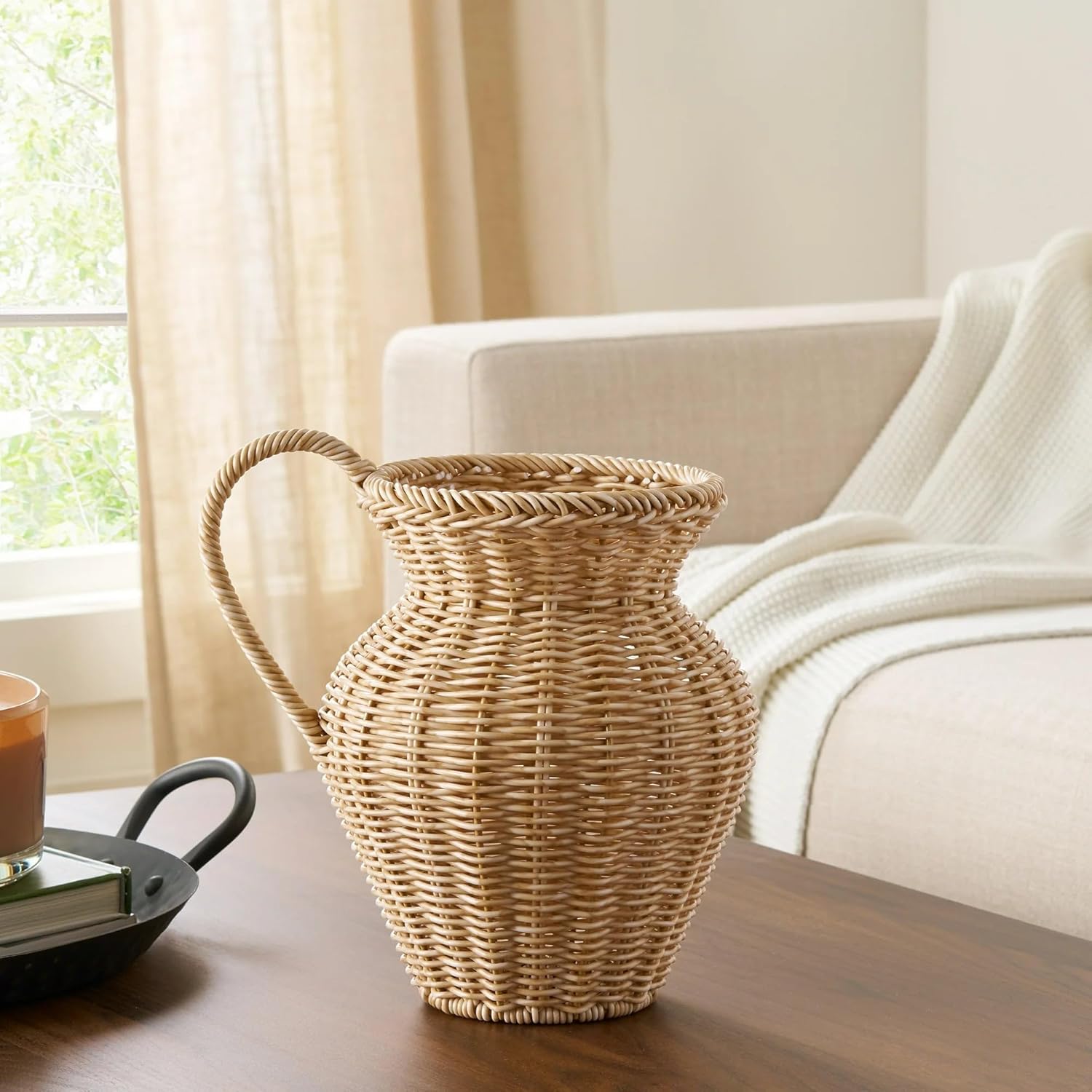 Faux Wood Rattan Vase 9 - Rustic Decorative Woven Pitcher Style