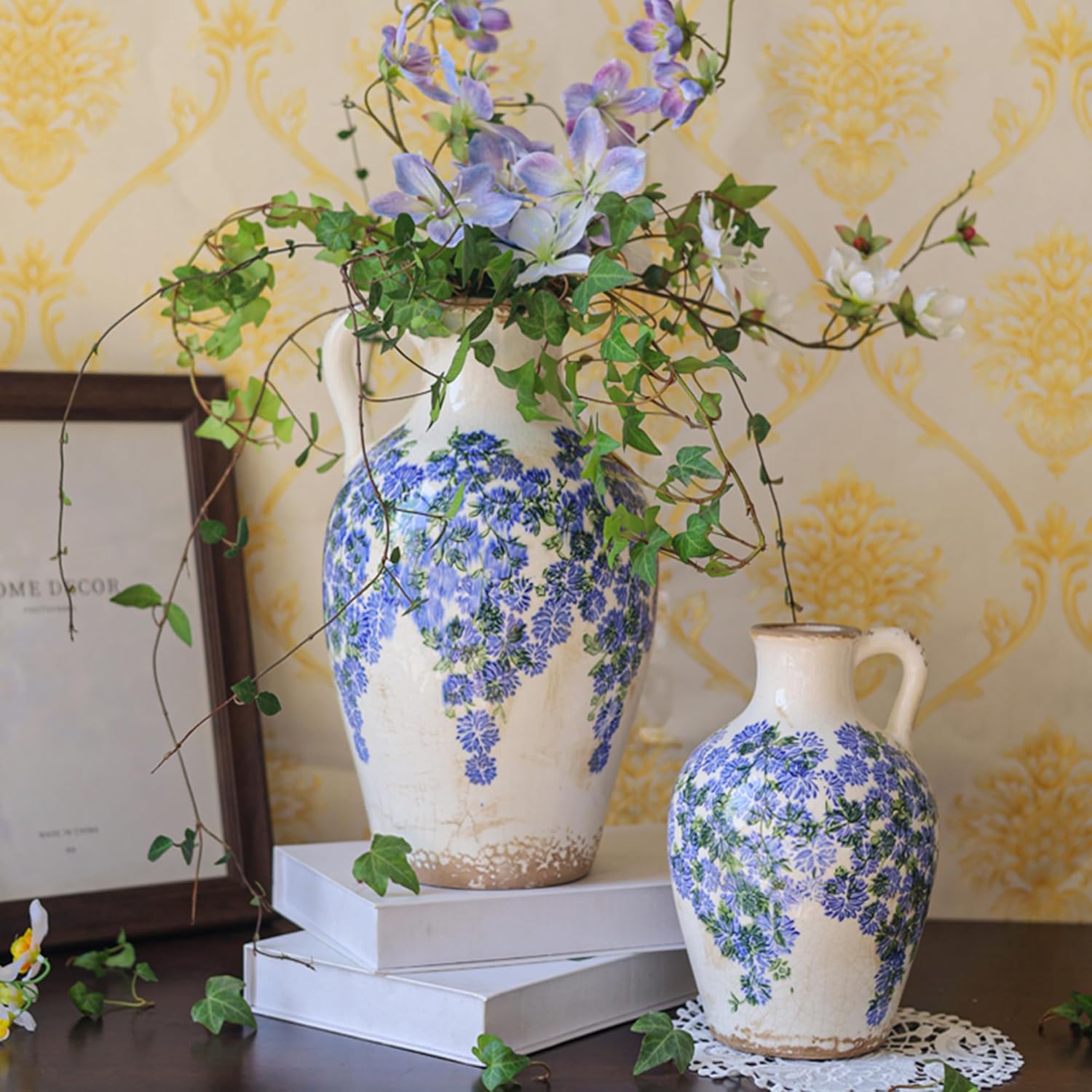 Vintage Flower Vase with Handle Blue and White Ceramic Pitcher