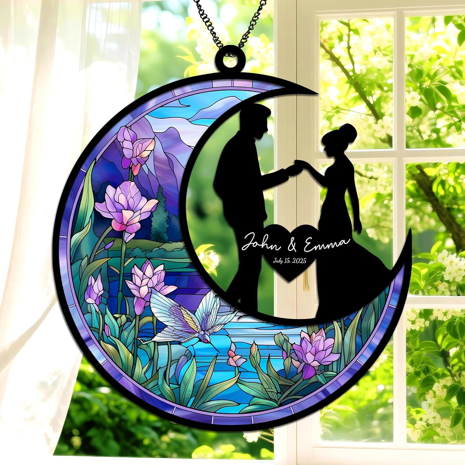 Custom Stained Glass Wedding Suncatcher - Personalized Couple Names Date