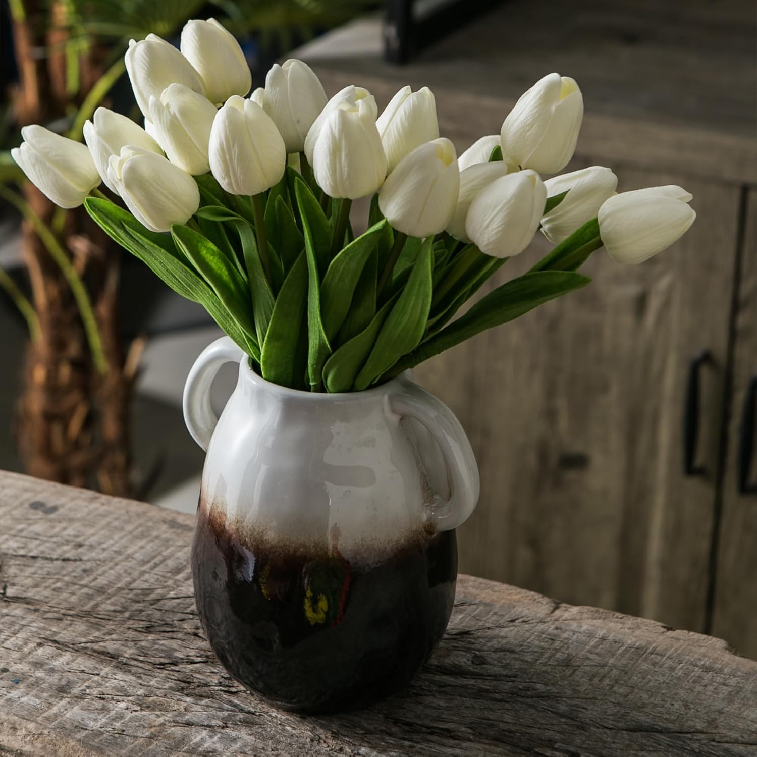 JOJUNO White to Brown Gradient Ceramic Vase with Handles