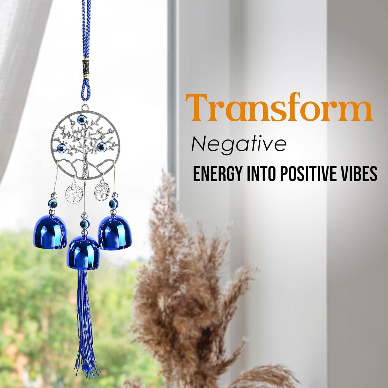 BEZAVO Blue Evil Eye Wall Hanging Decor with 5 Bells