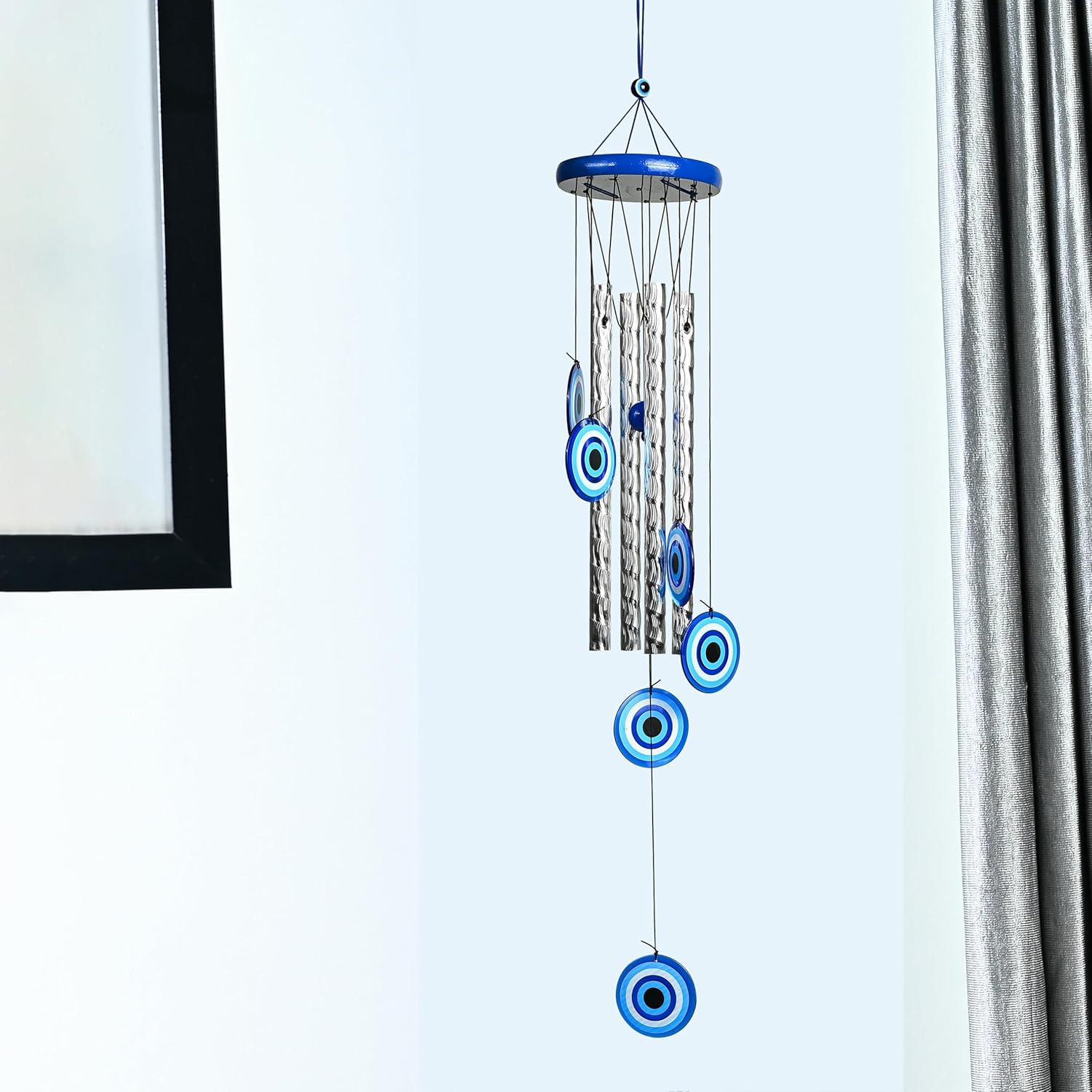 BEZAVO 27-Inch Evil Eye Wind Chime with 4 Silver Pipes