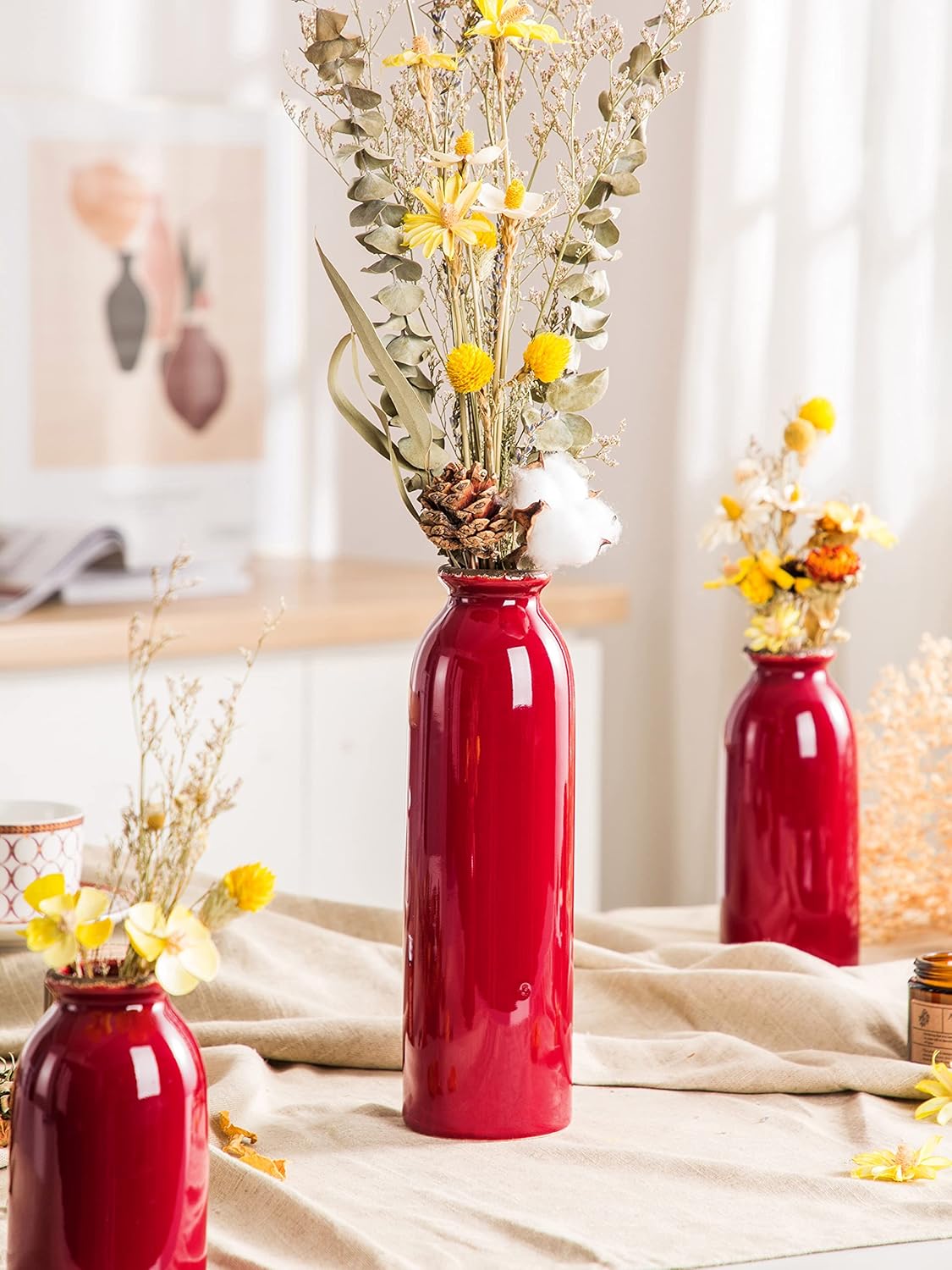 Ceramic Red Vase Set 3 Piece Modern Farmhouse Decor