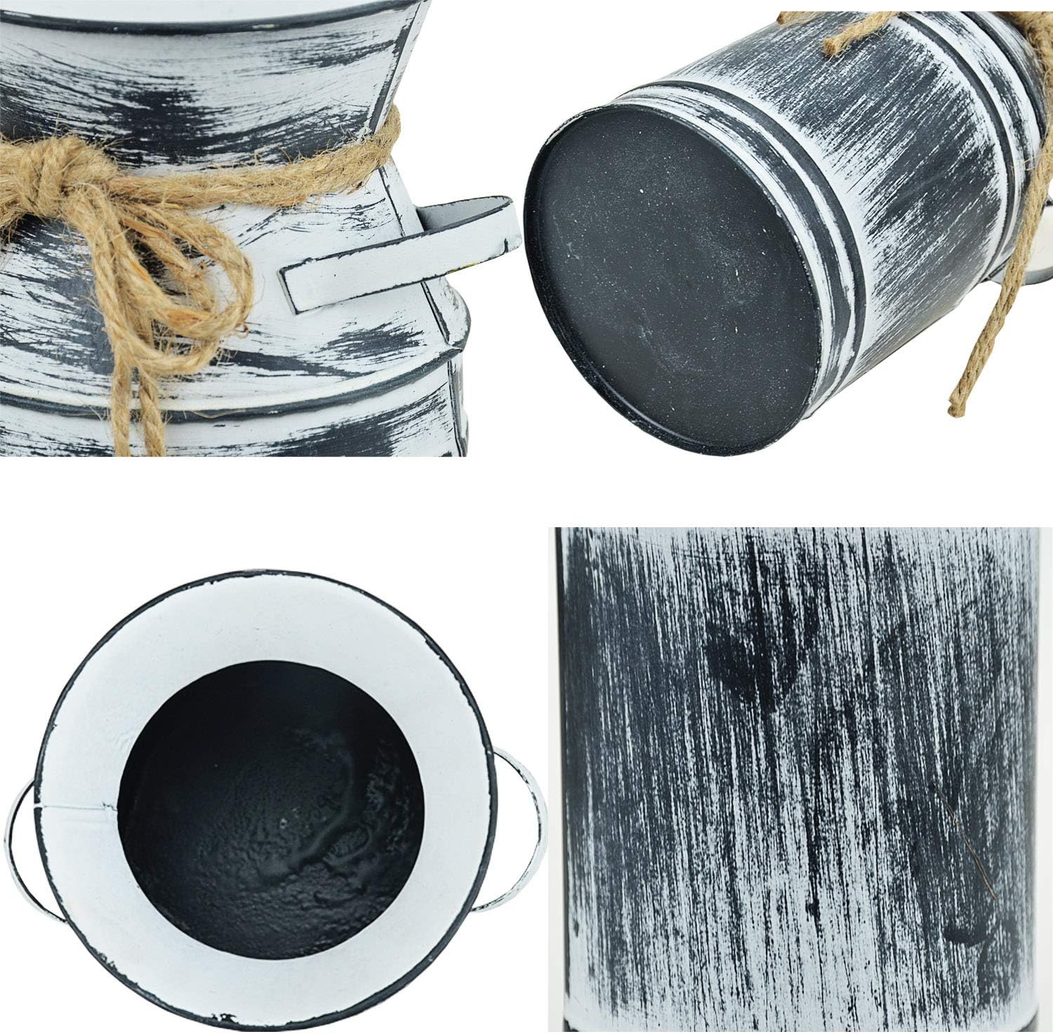 Black Metal Galvanized Flower Vase with Rope for Rustic Decor