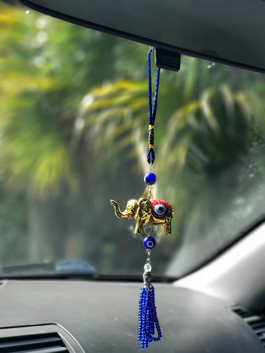 Bravo Team Lucky Blue Evil Eye Hanging Ornament with Elephant Charm and Tassel - Home Car Decor