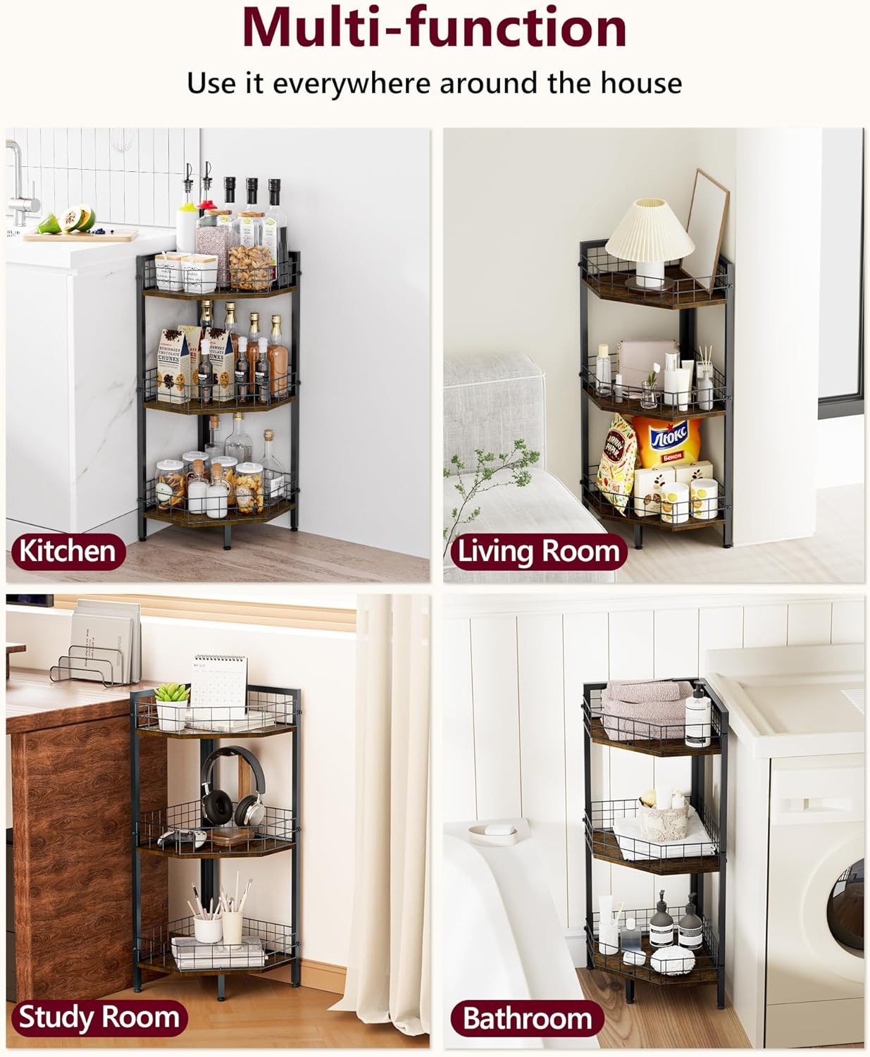 WikLiy 3 Tier Corner Shelf Stand with Metal Grid