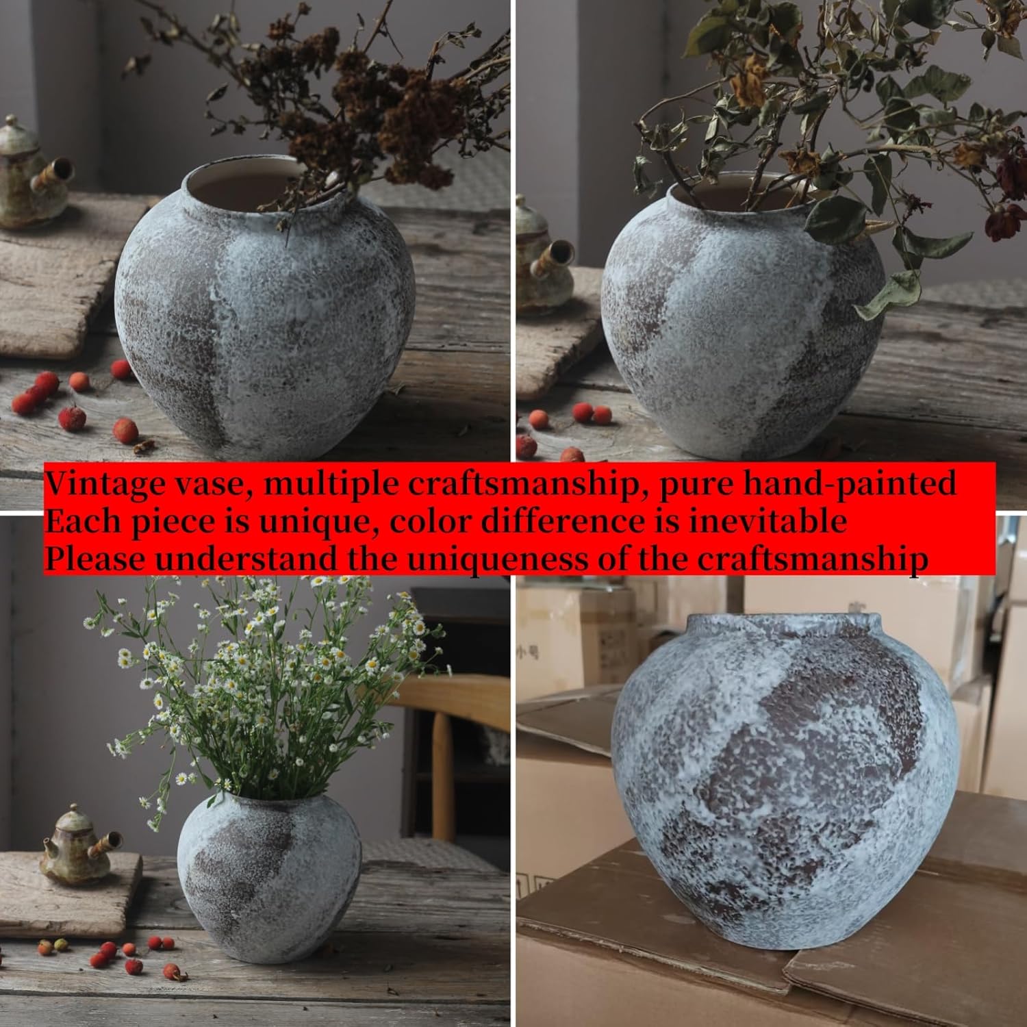 Rustic Distressed Large Ceramic Vase for Home Decor