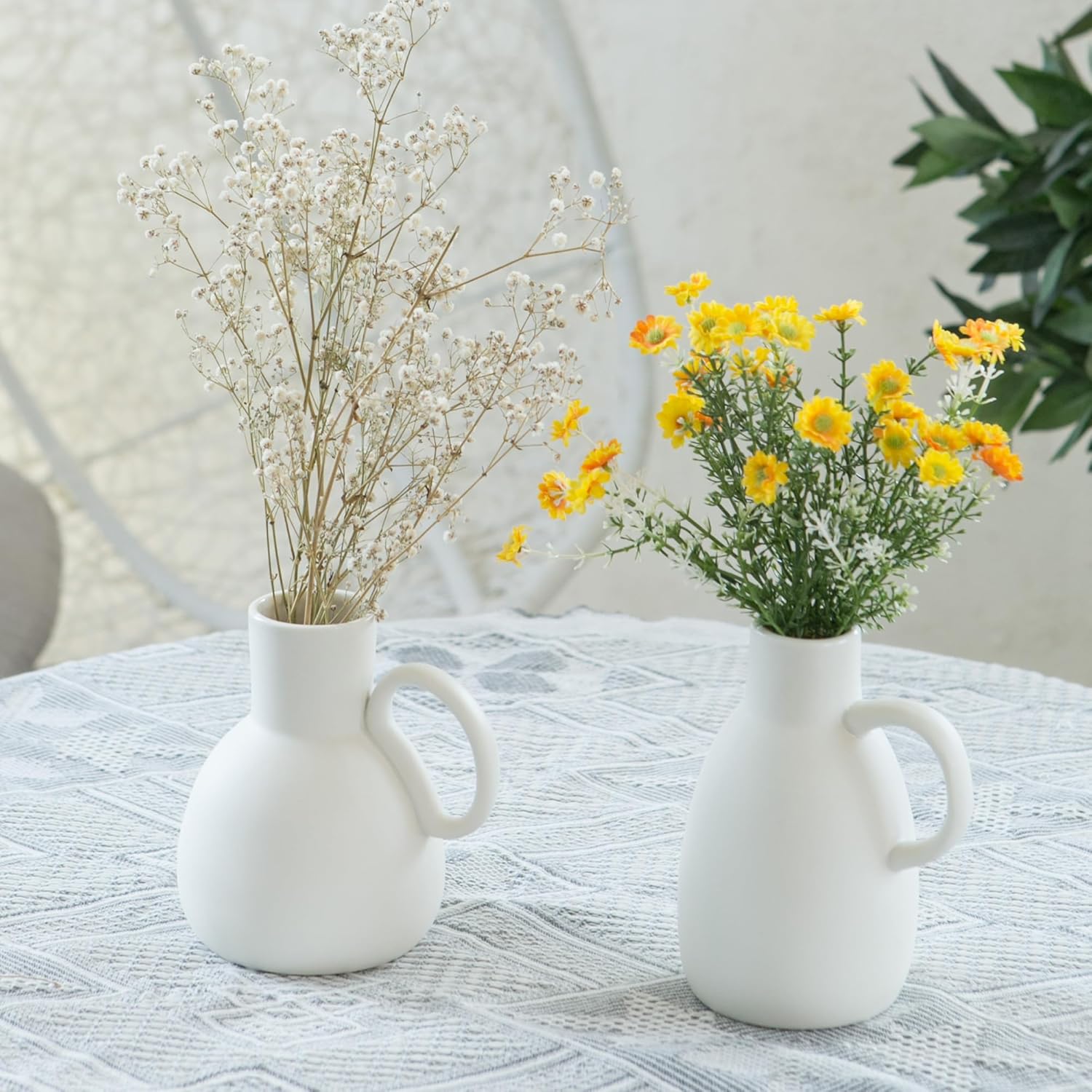 Tanvecle White Ceramic Vase Set 2 Small Vases with Handles