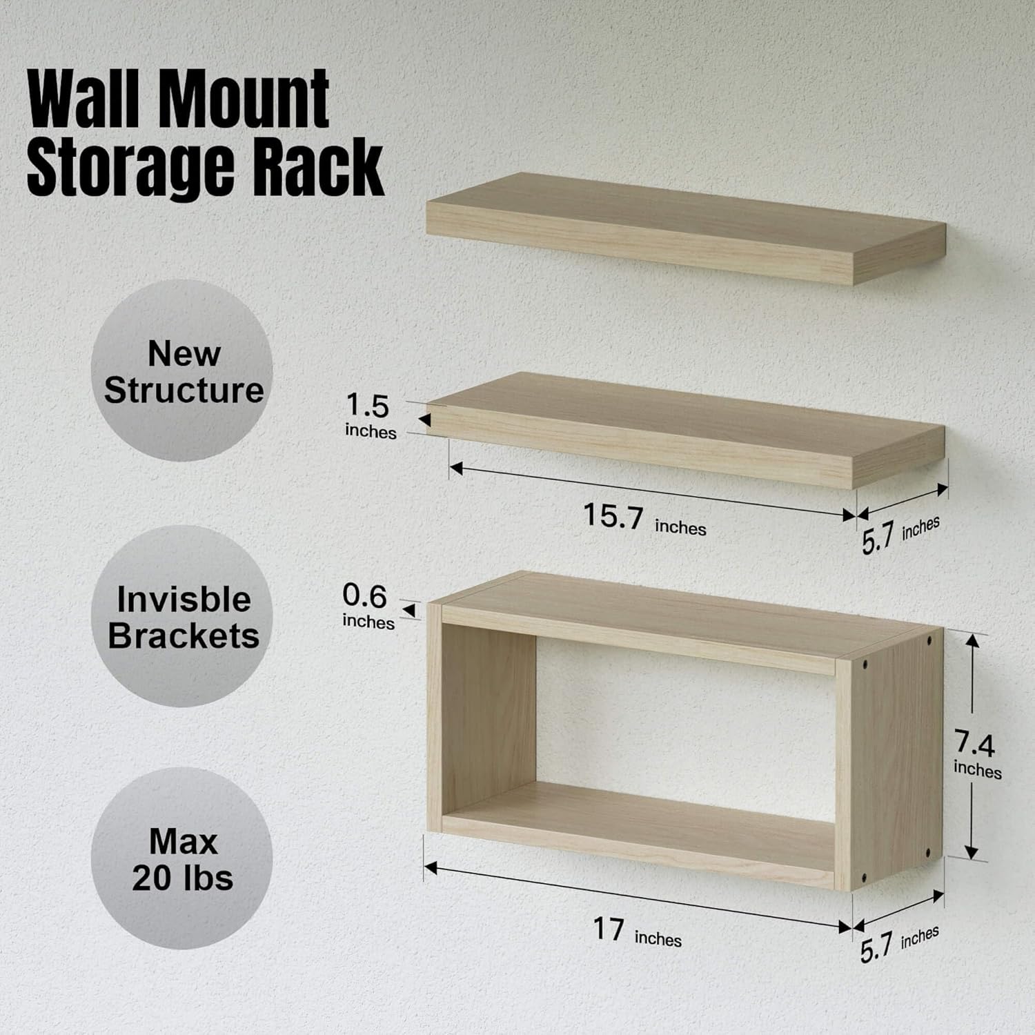 RICHER HOUSE Floating Shelves Set of 3 Light Brown