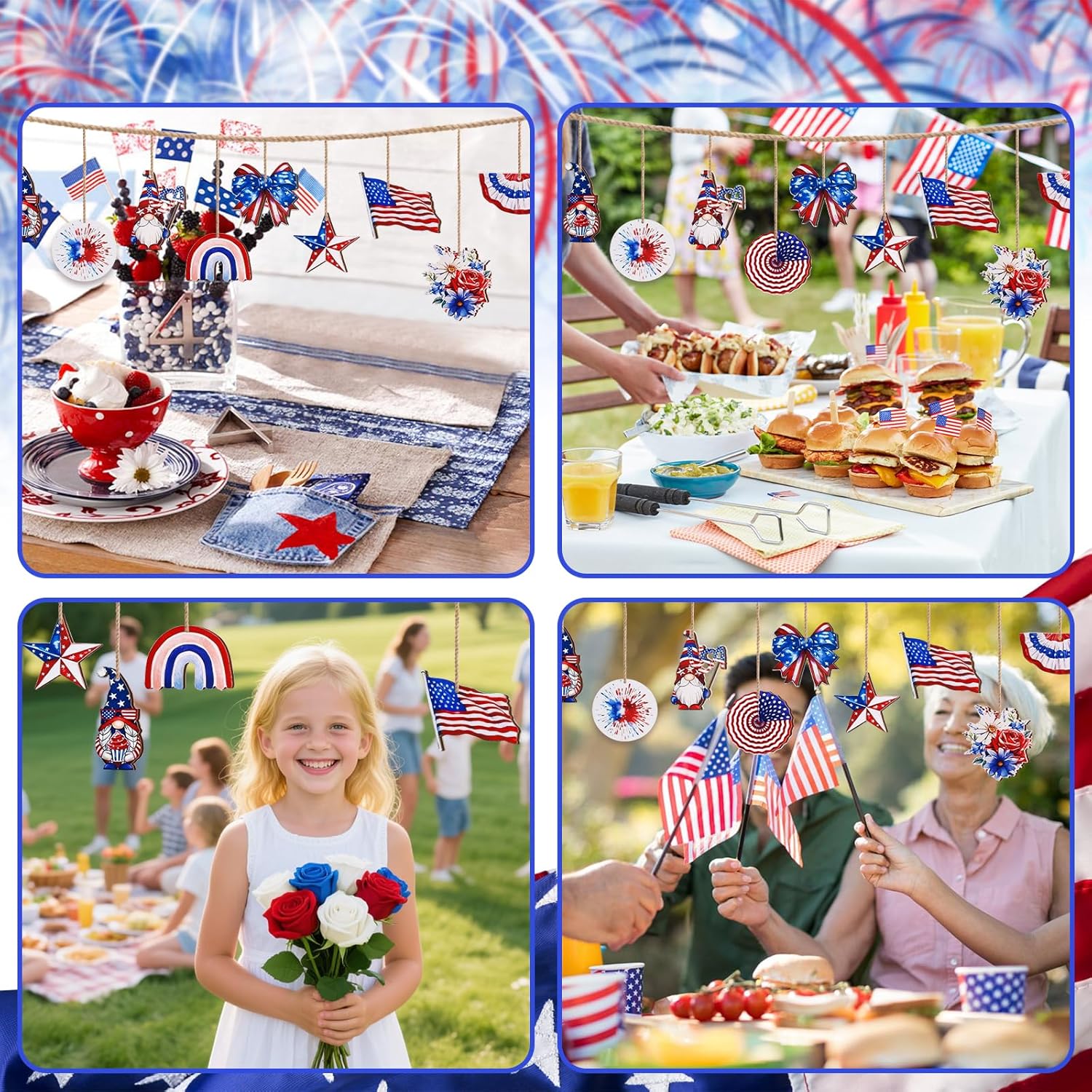 4th of July Patriotic Tree Ornaments 36Pcs Red White Blue Wooden Decorations