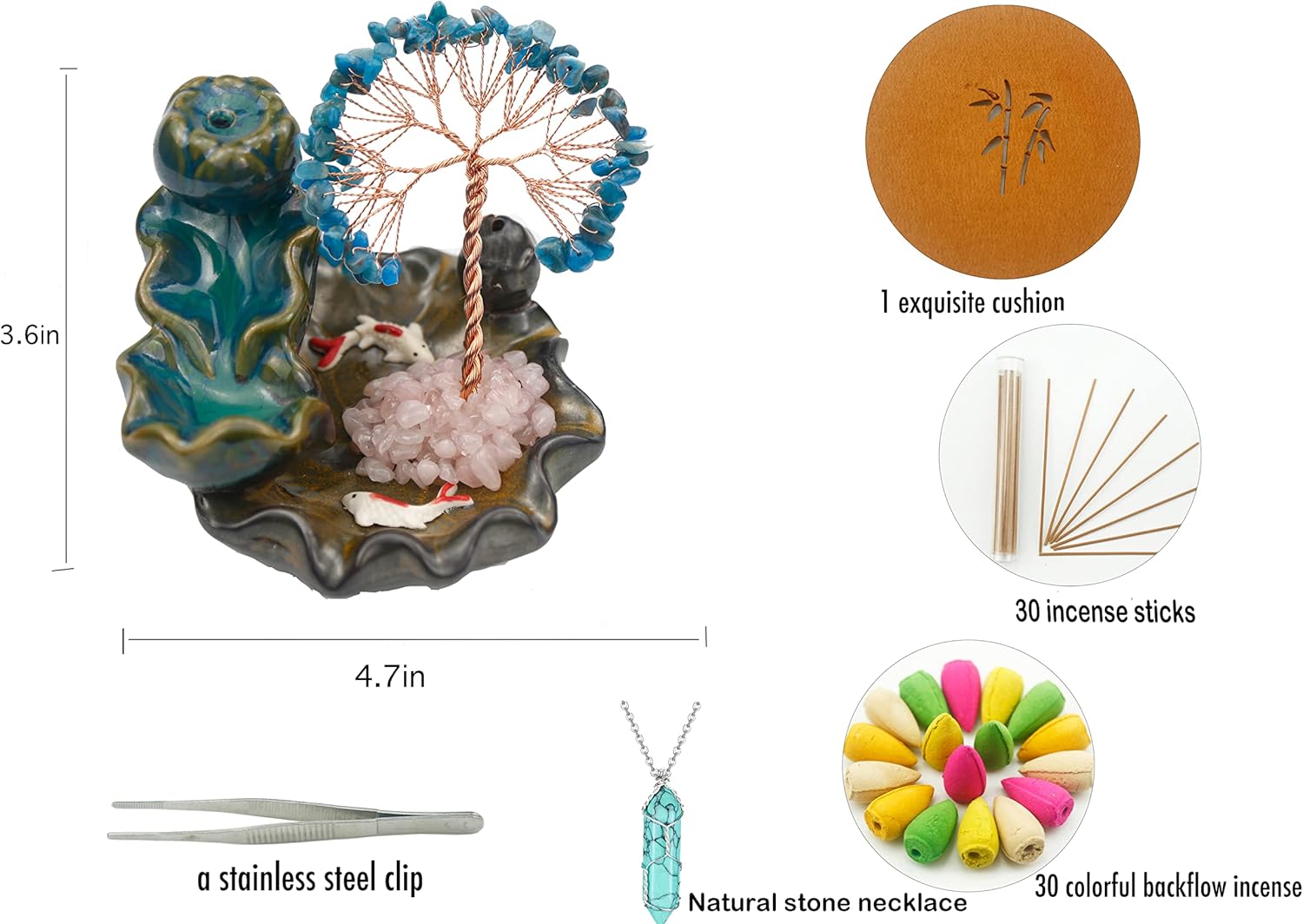 Crystal Tree Waterfall Incense Burner with 30 Cones 30 Sticks Healing Crystal Necklace