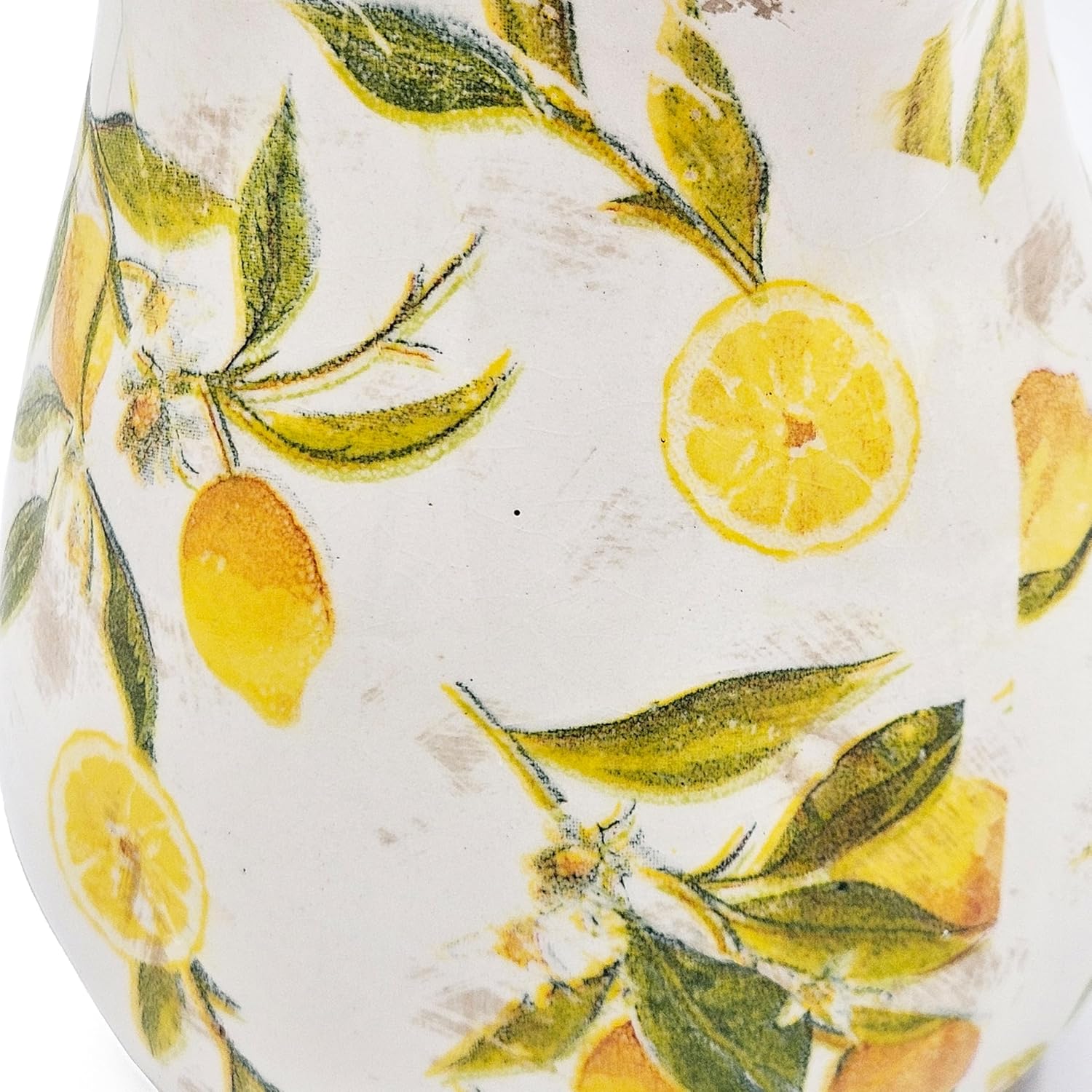 Round Ceramic Pitcher Vase with Lemon Motif Farmhouse Accent