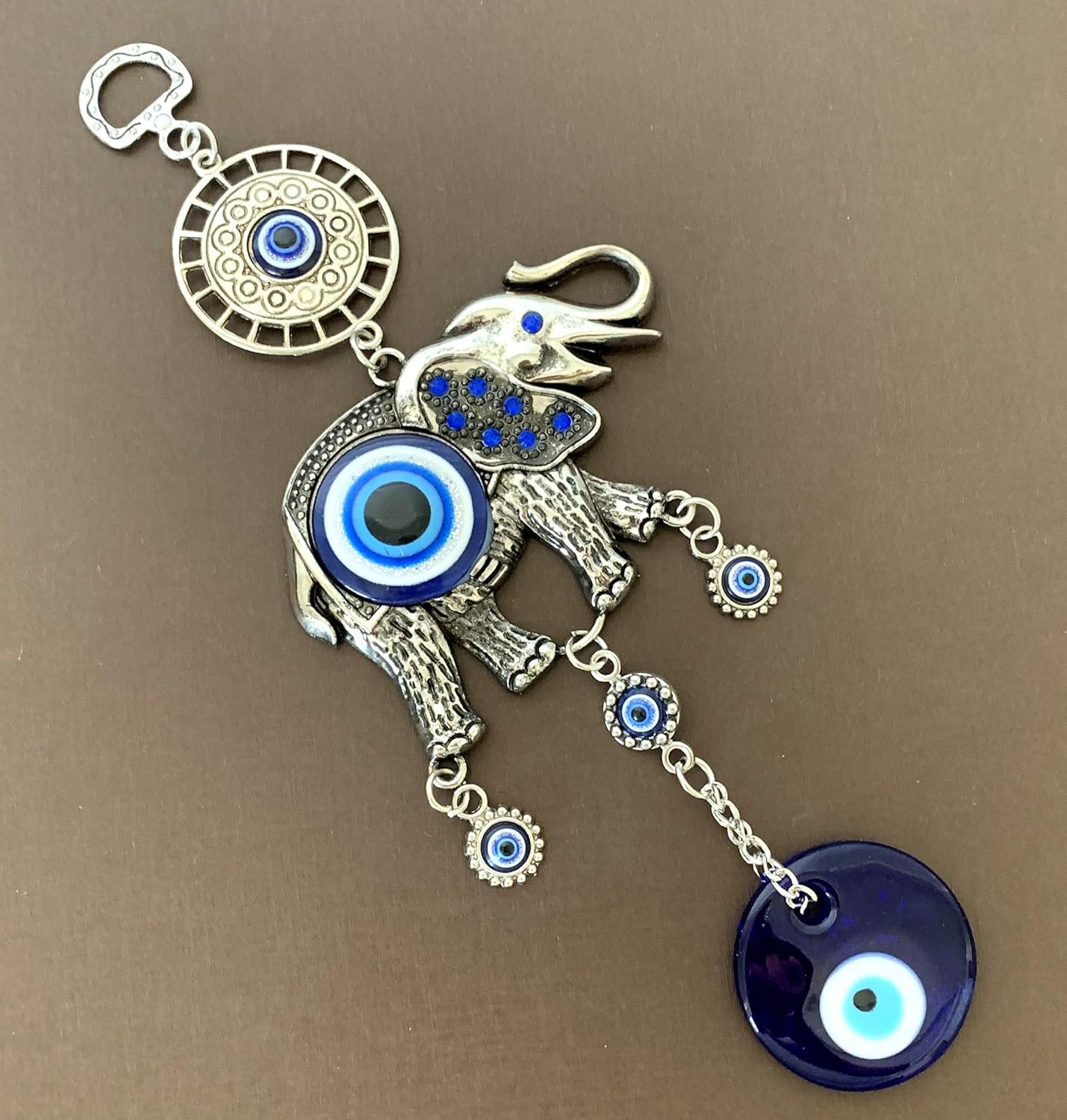 Retro Turkish Blue Evil Eye and Lucky Elephant Wall Hanging Ornament