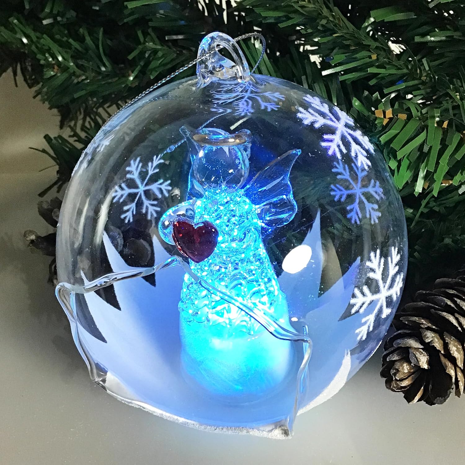 Angel with Red Heart Lighted Christmas Ornament - Color Changing 4 Hour Timer 4 Inch Diameter
