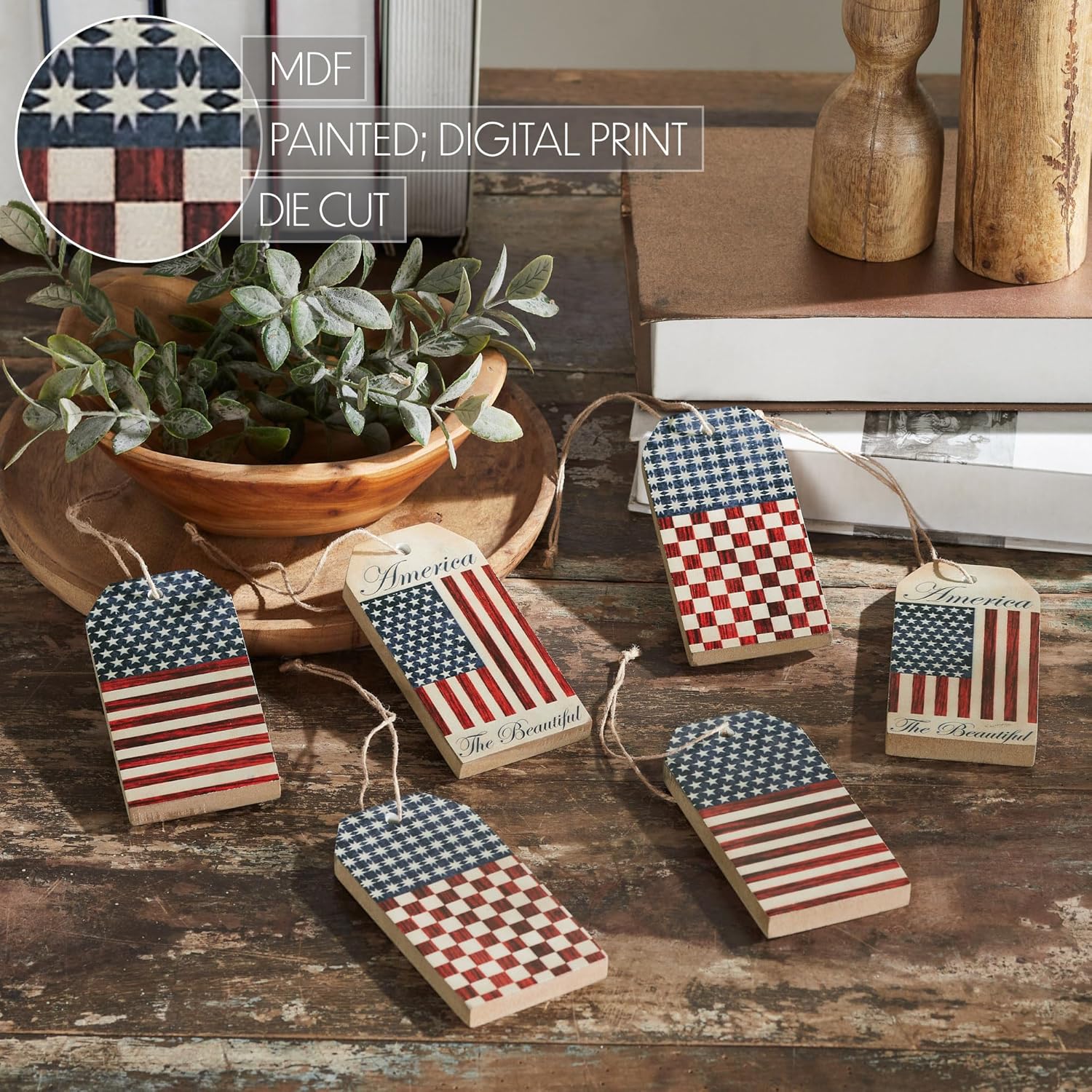 VHC Brands Patriotic Americana MDF Tag Ornaments 6 Pack