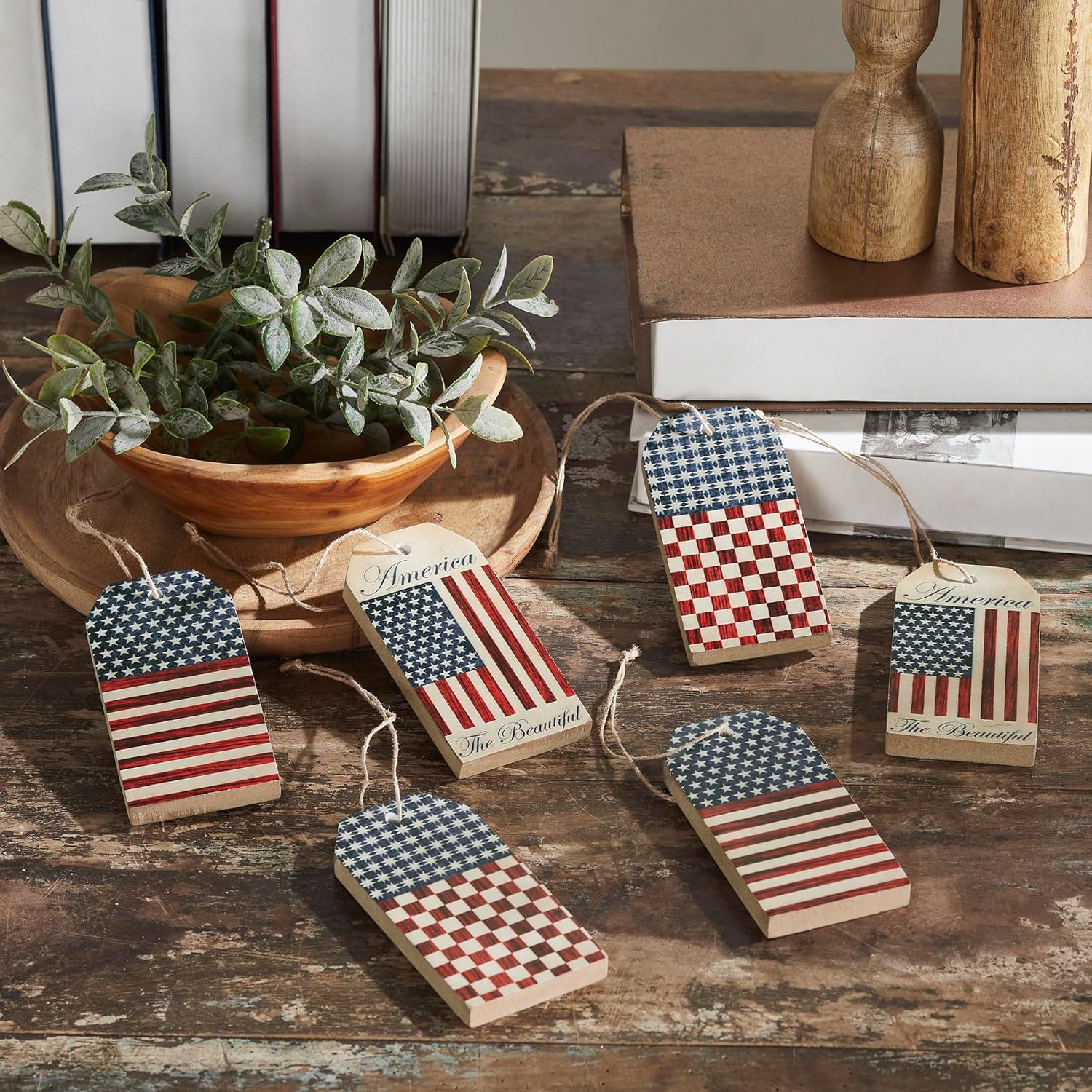 VHC Brands Patriotic Americana MDF Tag Ornaments 6 Pack