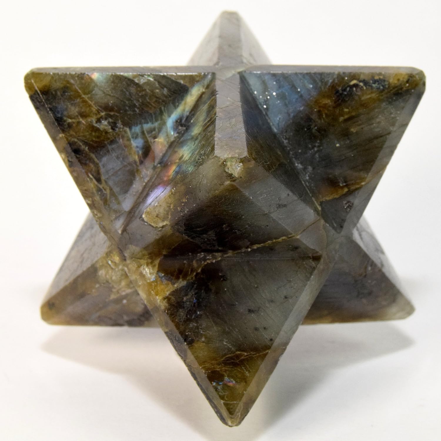 HC Set Rainbow Flash Labradorite 8 Point Merkaba Star with Clear Quartz Cabochon