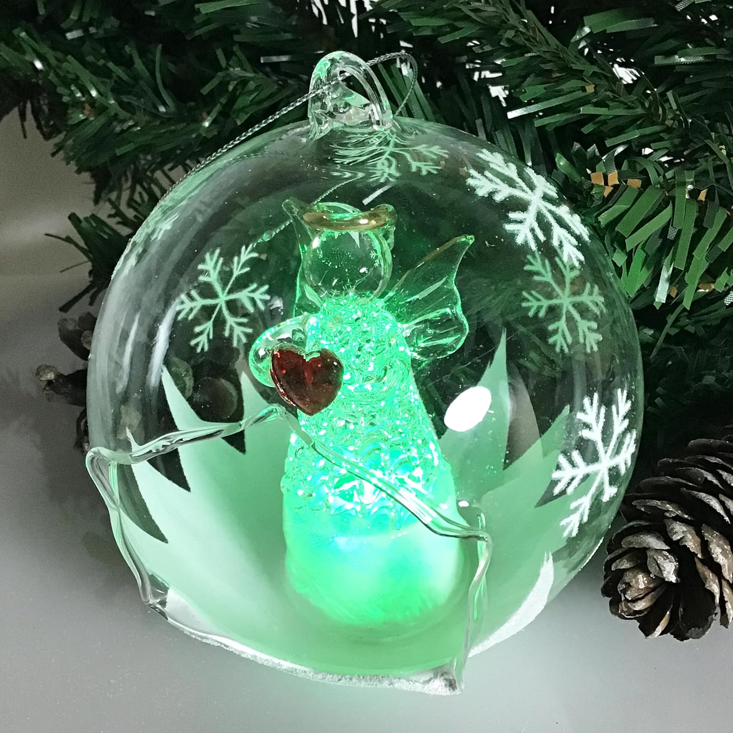Angel with Red Heart Lighted Christmas Ornament - Color Changing 4 Hour Timer 4 Inch Diameter