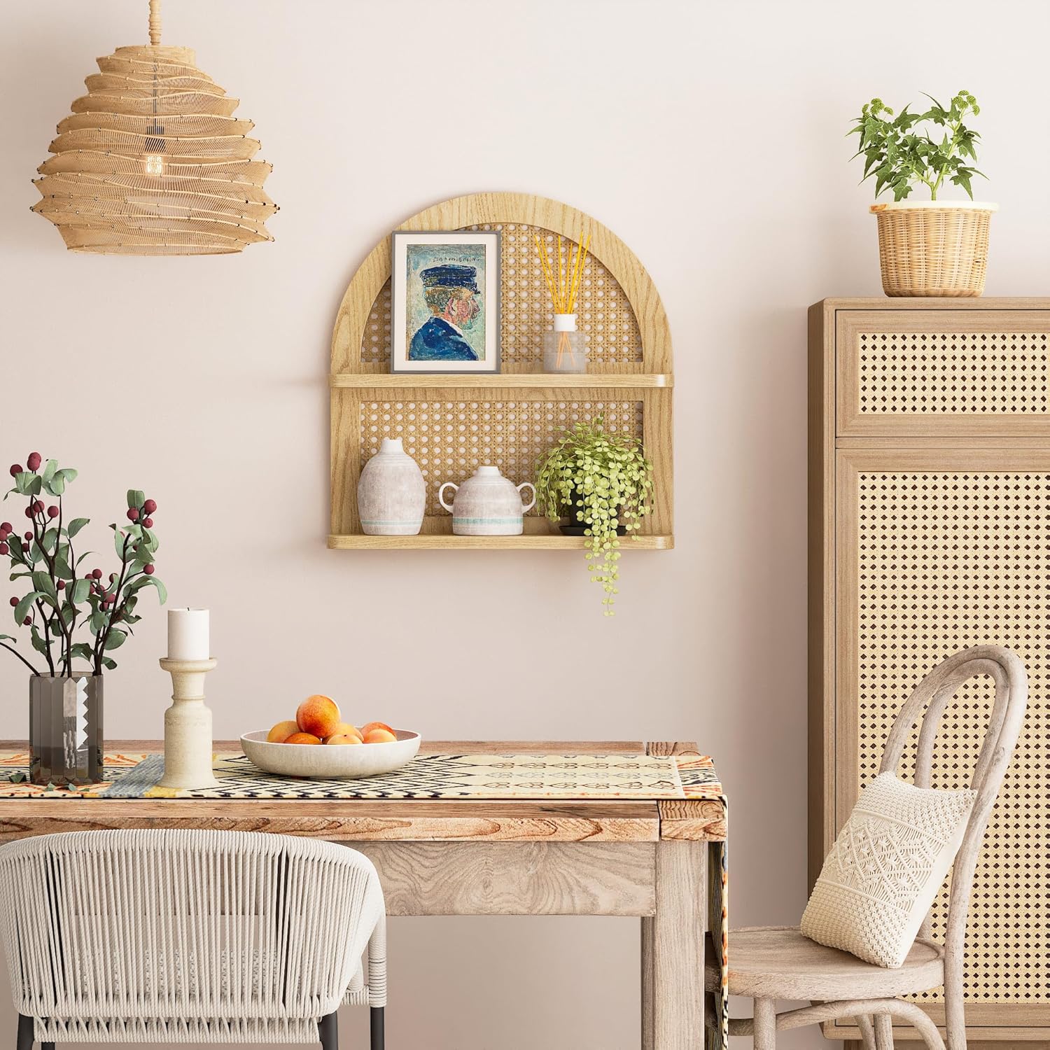 Wood Boho Rattan Wall Shelf 2 Tier Natural Color