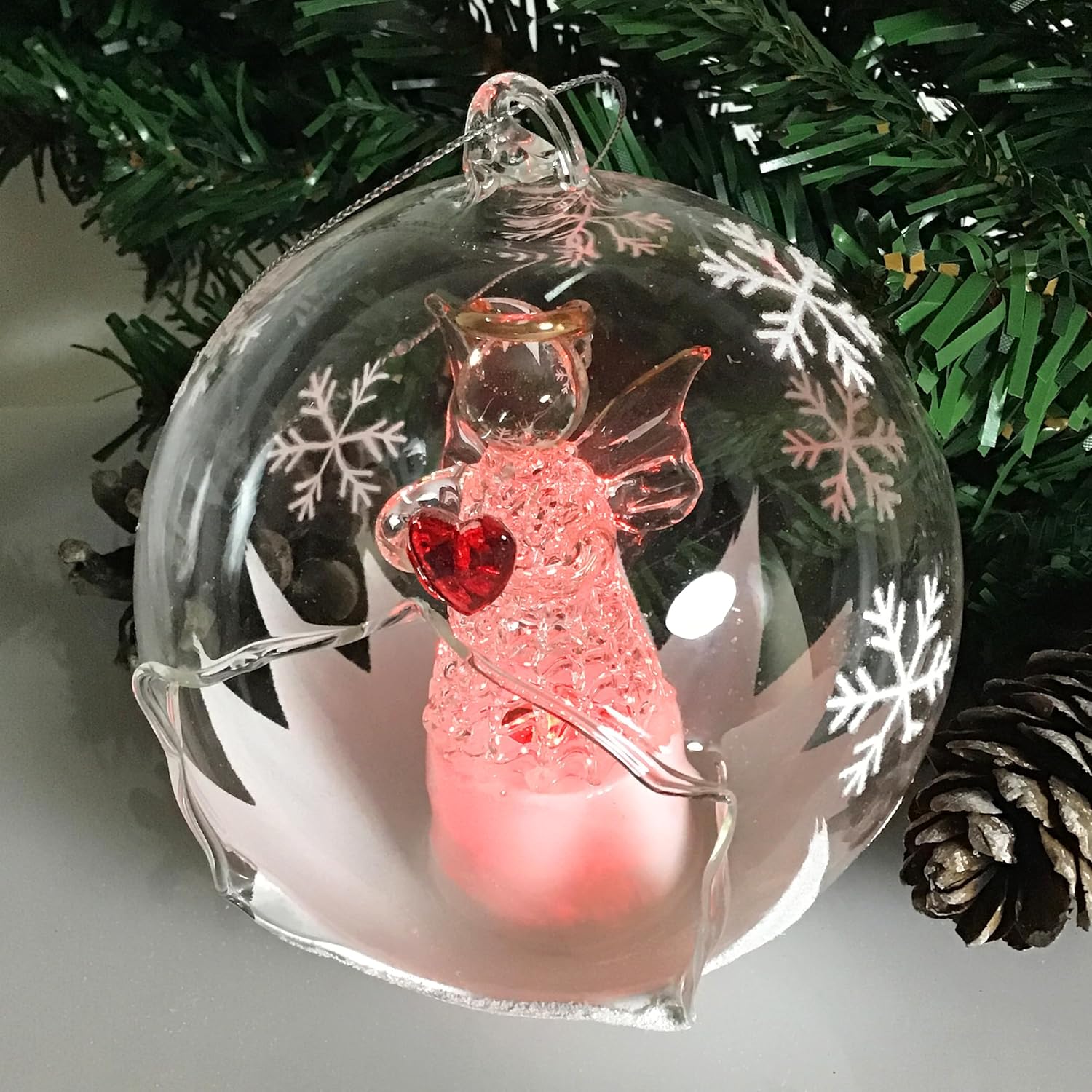 Angel with Red Heart Lighted Christmas Ornament - Color Changing 4 Hour Timer 4 Inch Diameter