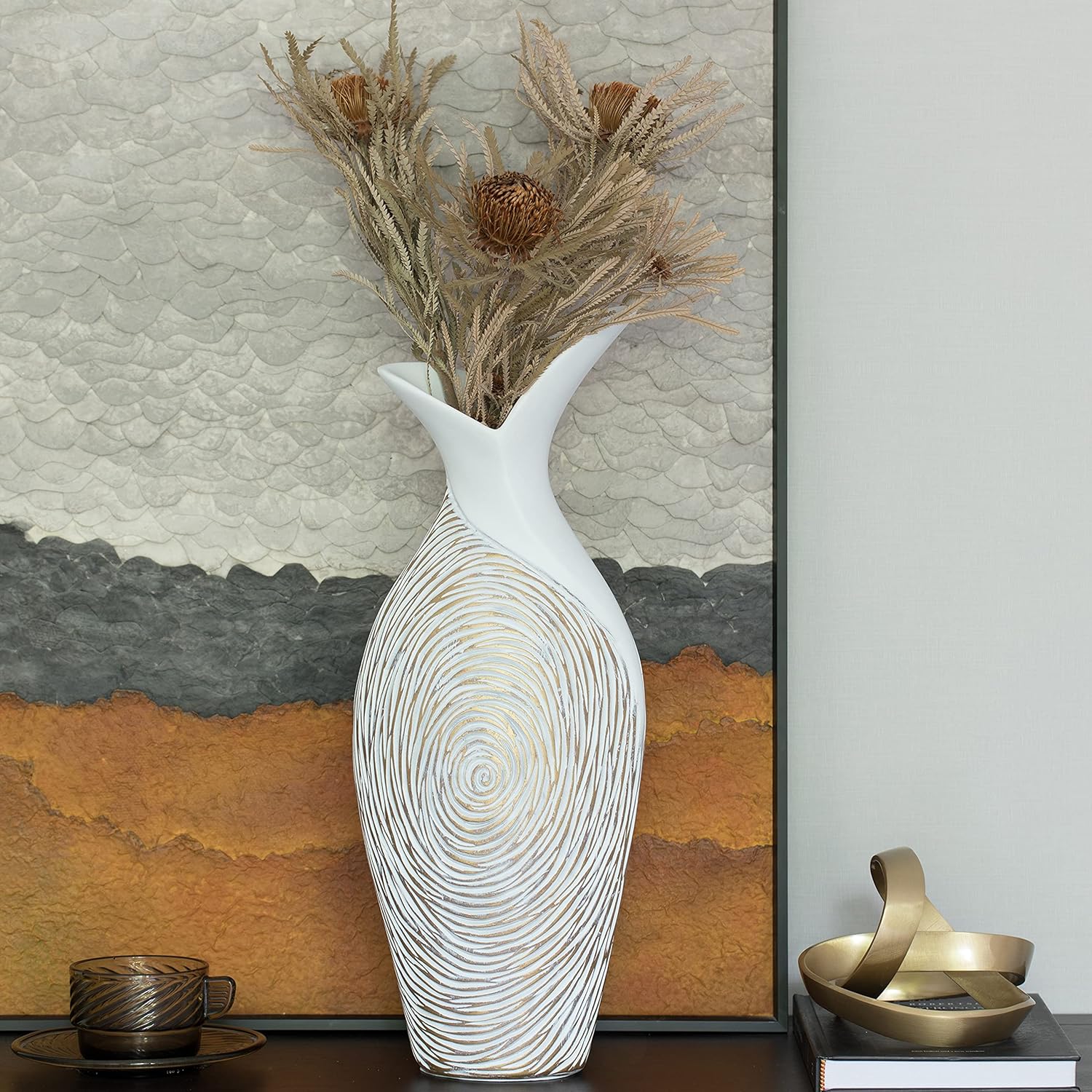175 Inch Ribbed Ceramic White Vase Modern Design