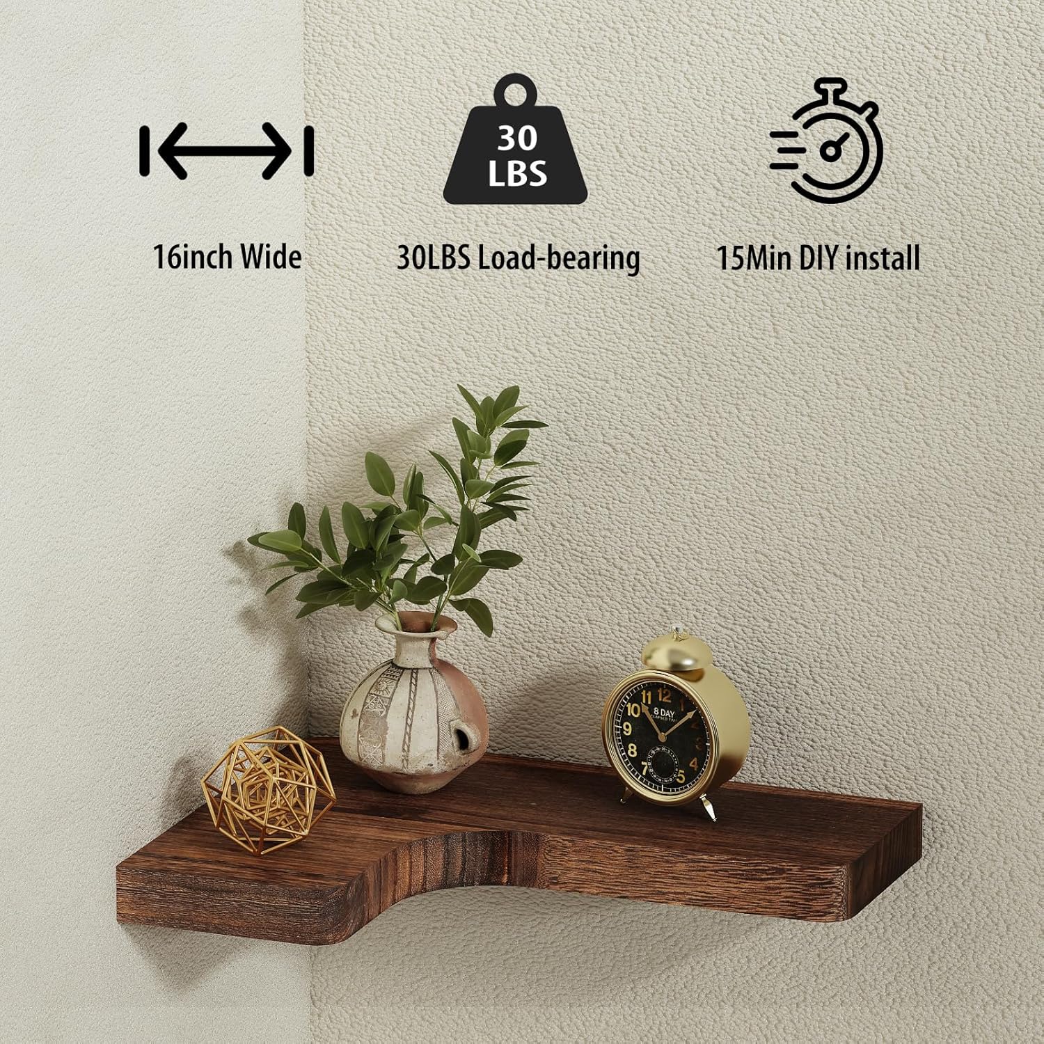 SAUMONIERES Corner Floating Shelves Set of 3 Rustic Brown Invisible Brackets