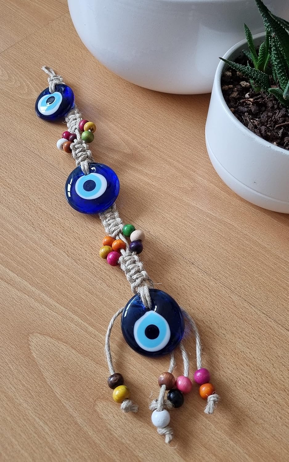 Mystic Jewels Three Turkish Eye Ornament Glass with Wood Beads for Hanging