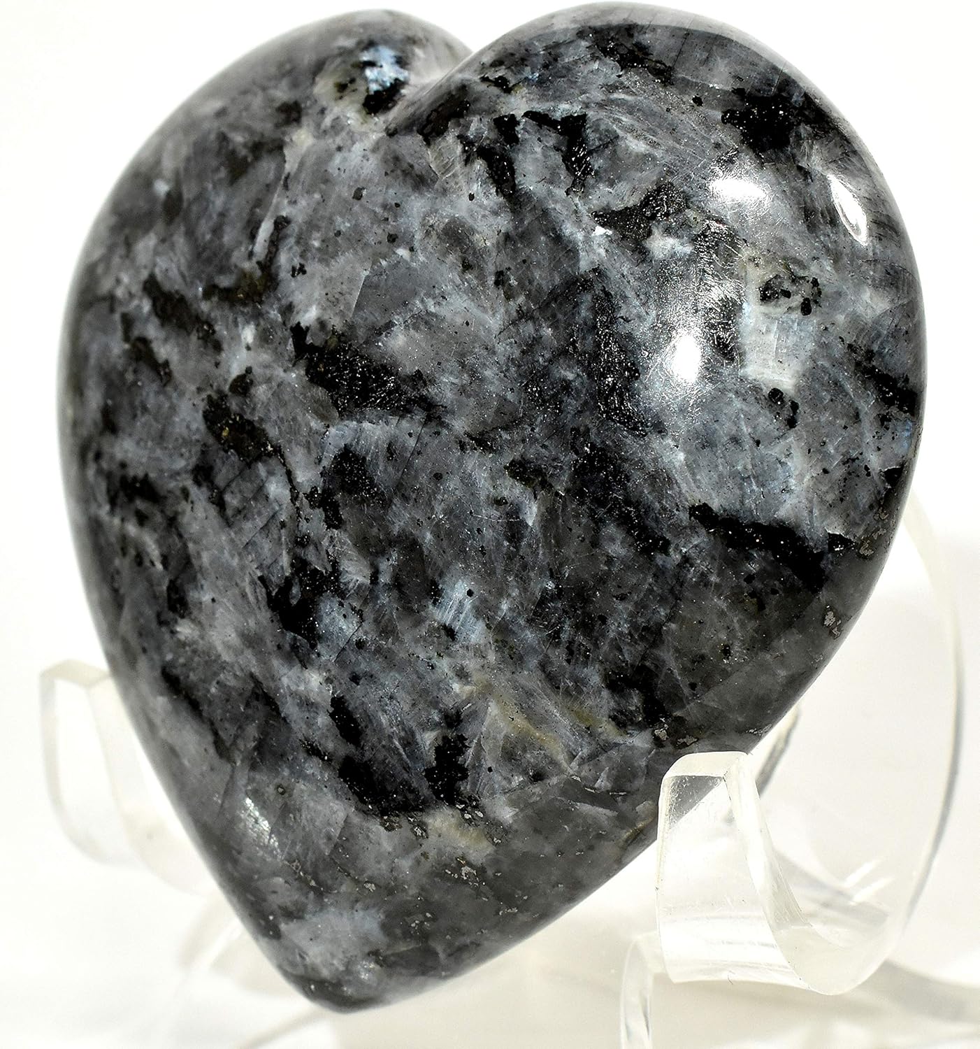 25 Inch Larvikite Heart with Stand - Natural Stone Decor