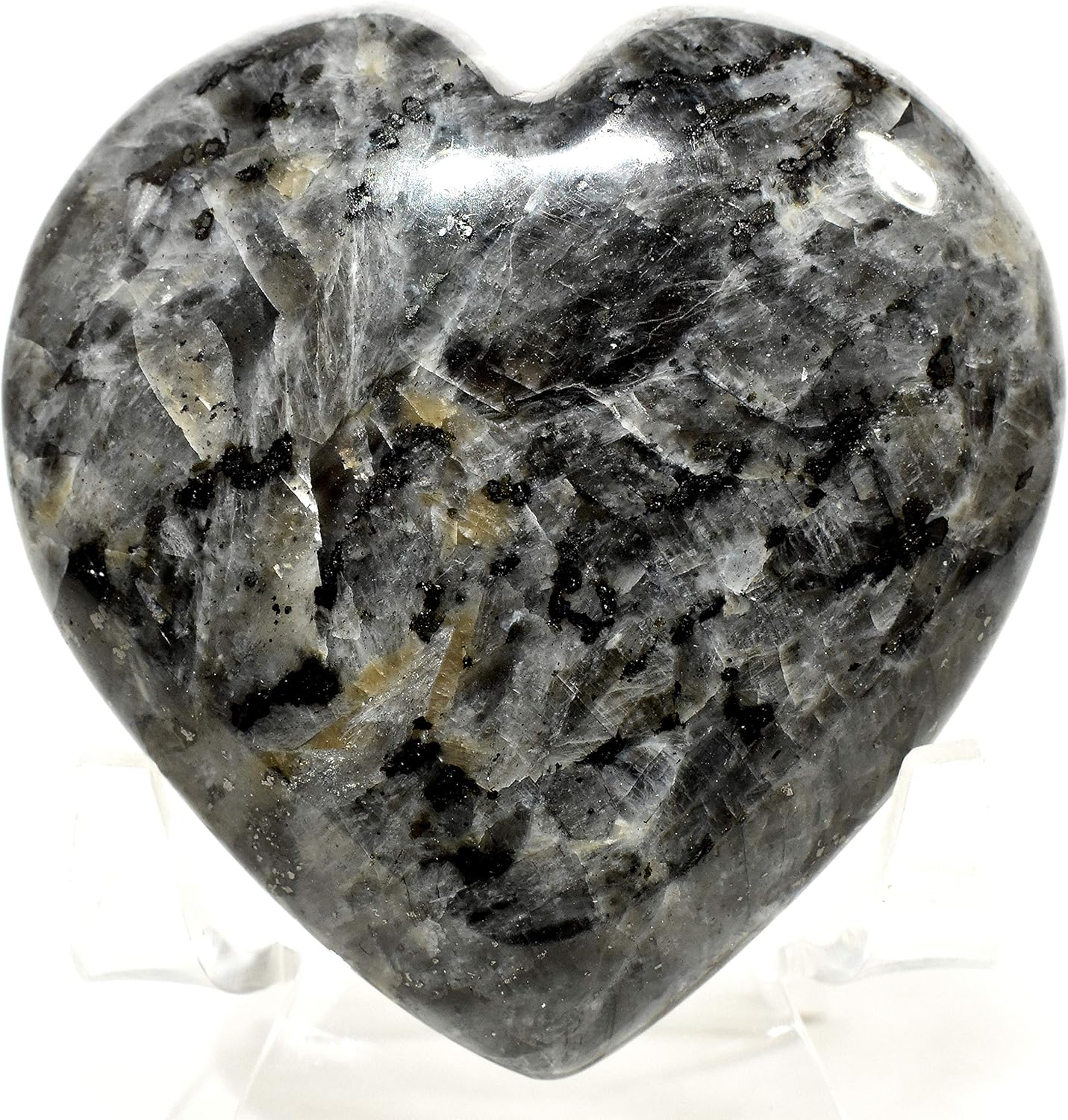 25 Inch Larvikite Heart with Stand - Natural Stone Decor