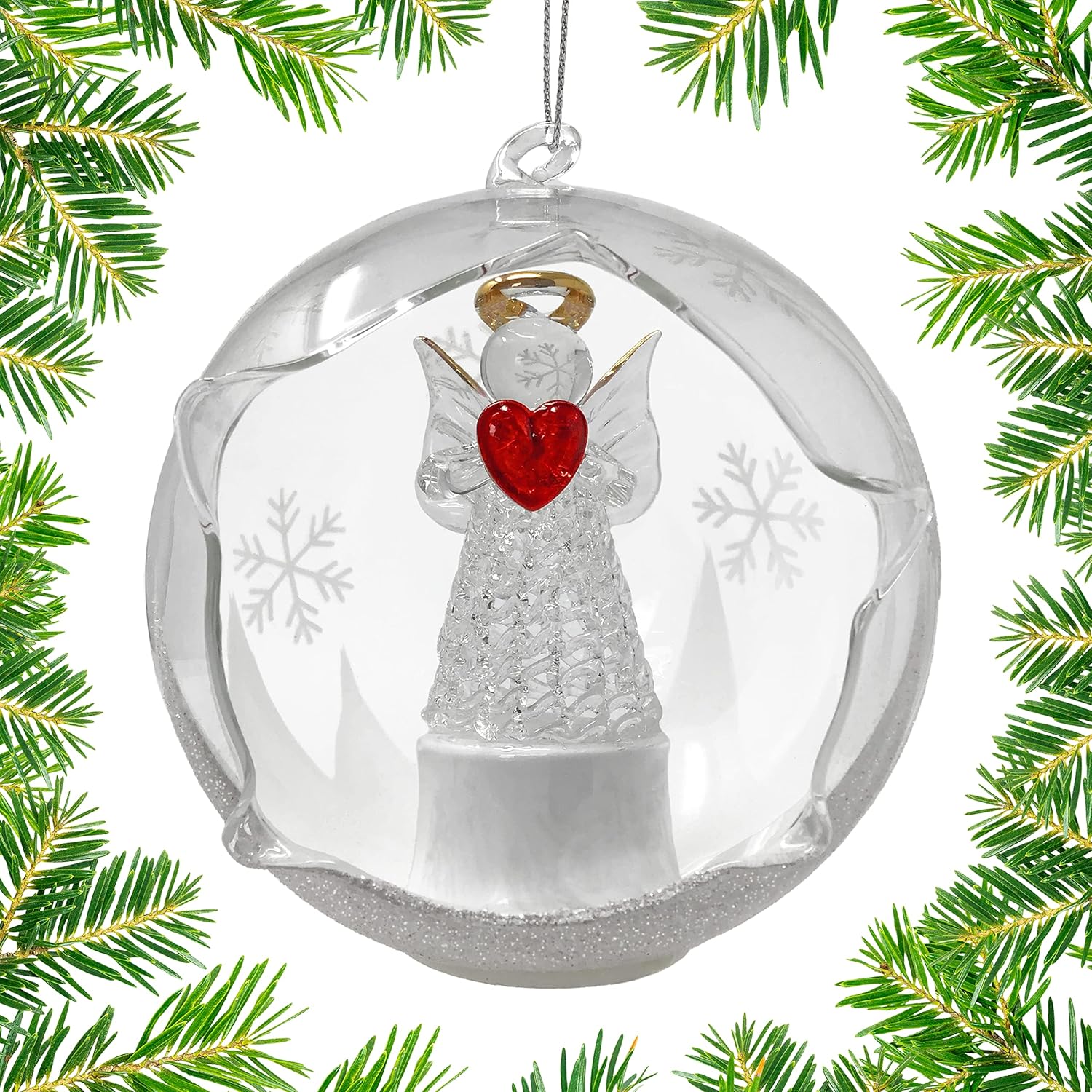 Angel with Red Heart Lighted Christmas Ornament - Color Changing 4 Hour Timer 4 Inch Diameter