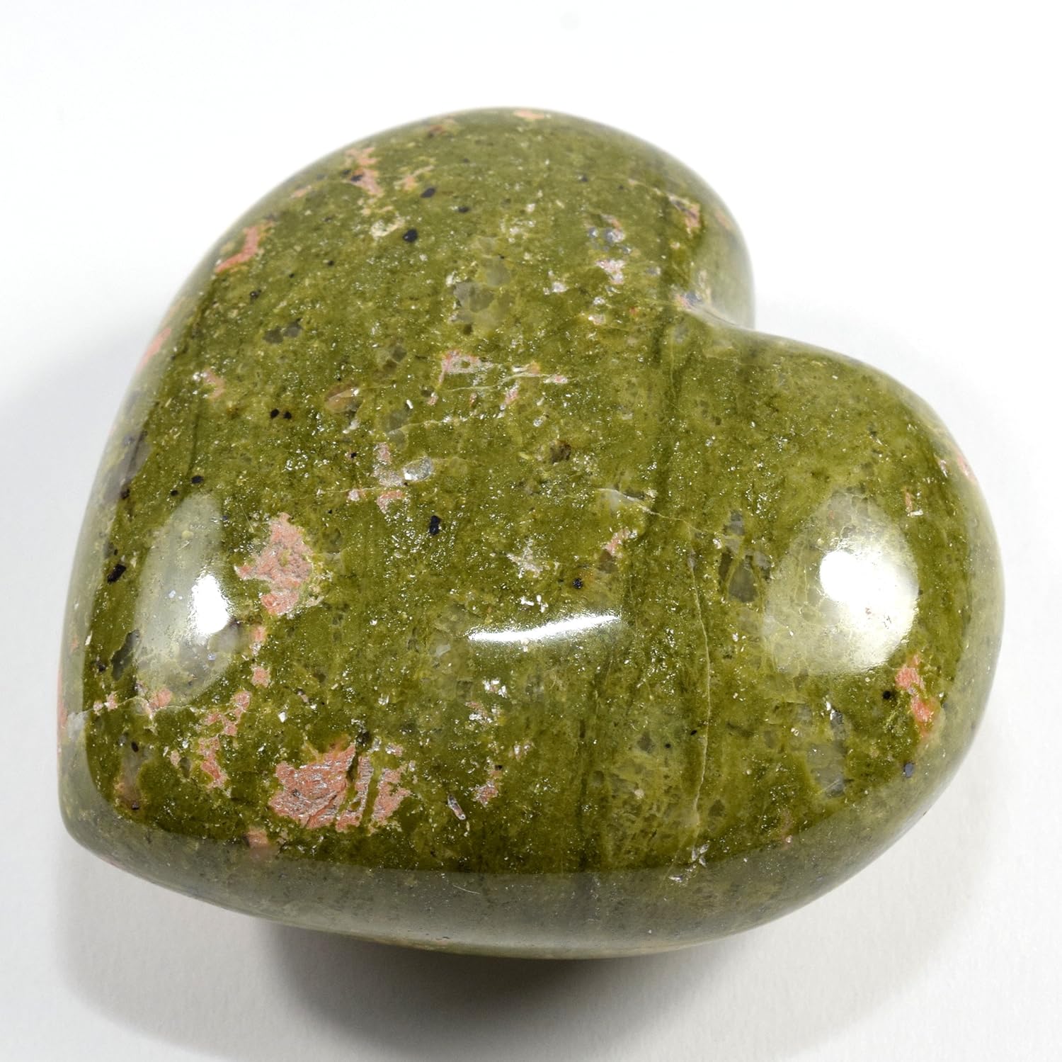 69mm Unakite Puffy Heart with Pink Feldspar Crystal Love Stone - Display Stand Included